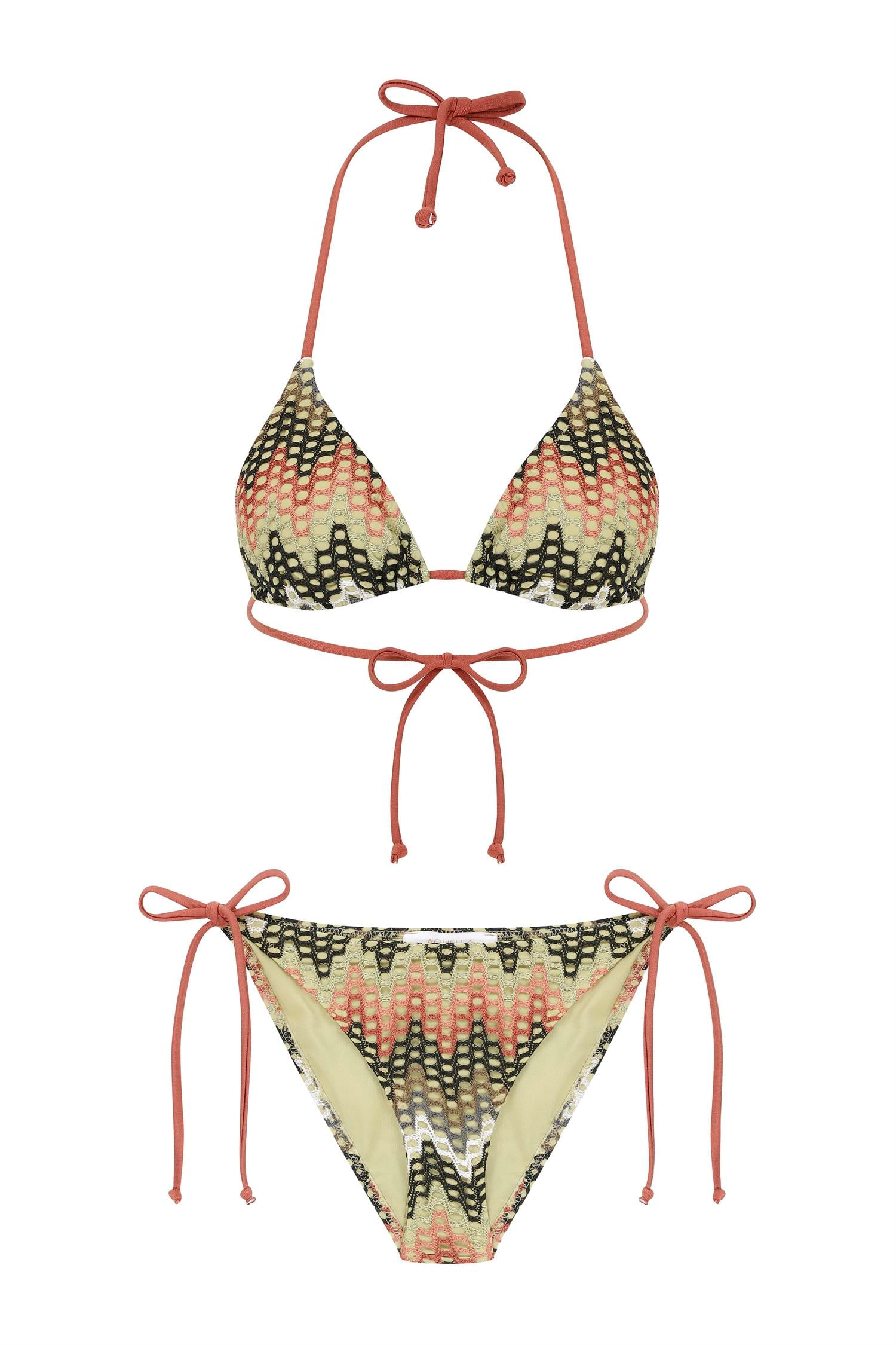 Triko Örme Çok Renkli Üçgen Bikini Takım