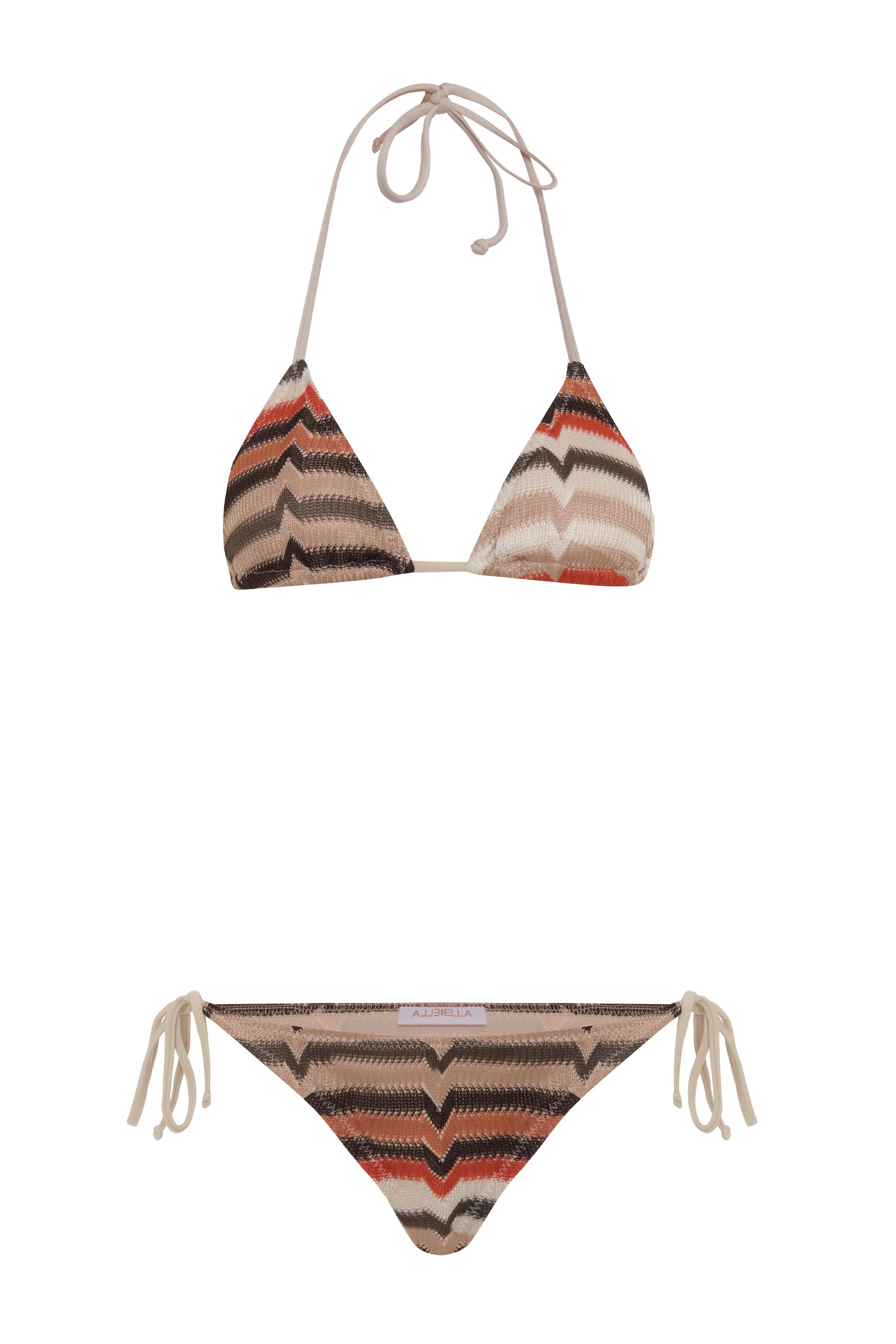 Triko Renkli Desenli Üçgen Bikini Takım