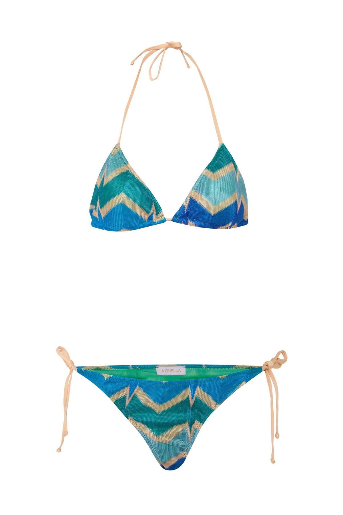 Triko Renkli Desenli Üçgen Bikini Takım