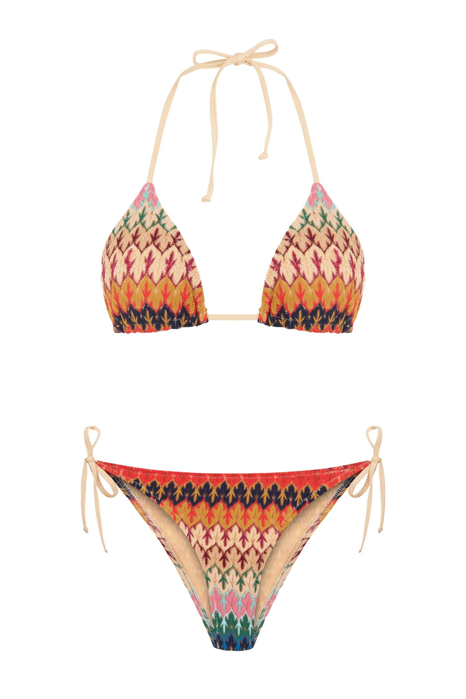Triko Renkli Desenli Üçgen Bikini Takım