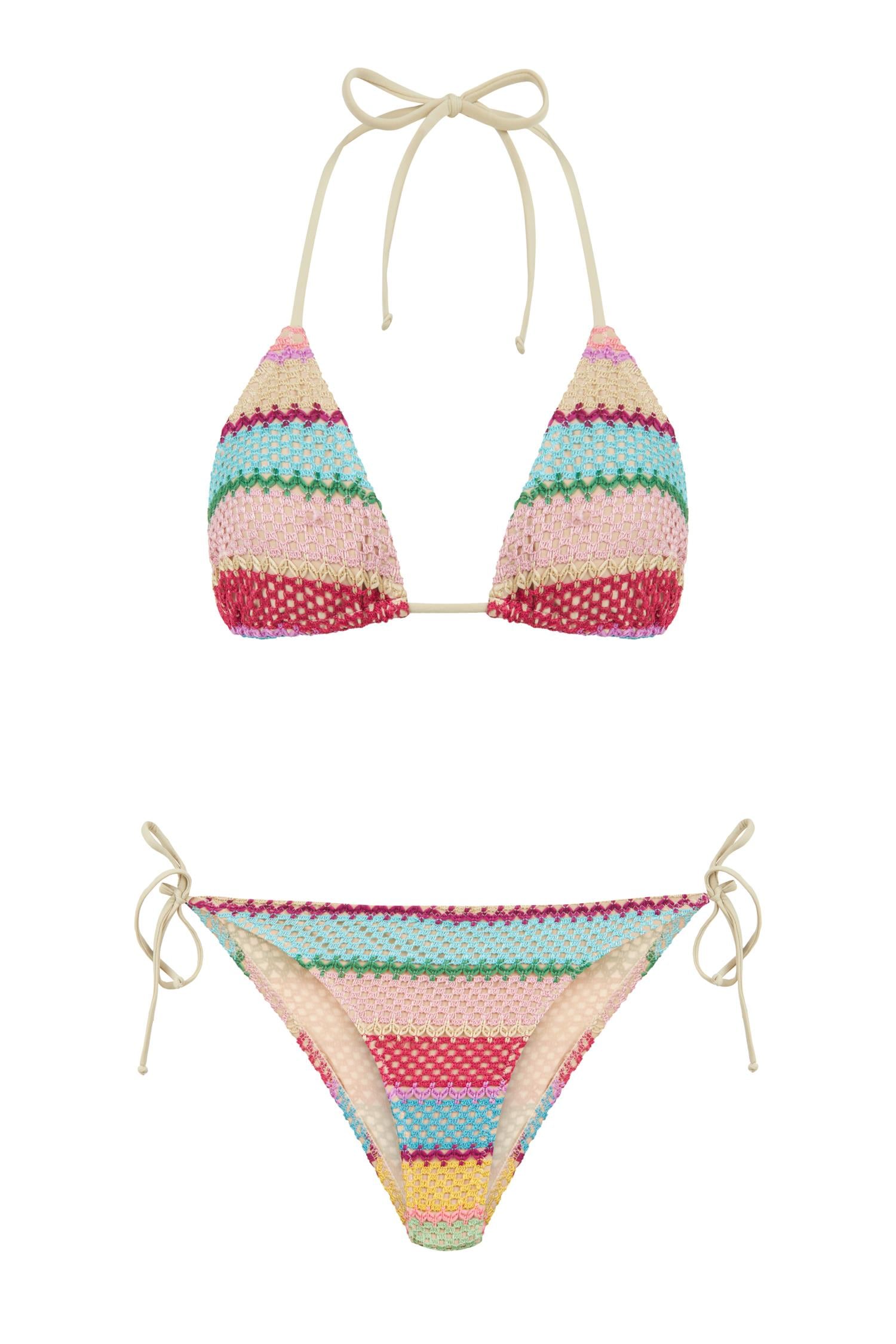 Triko Renkli Desenli Üçgen Bikini Takım