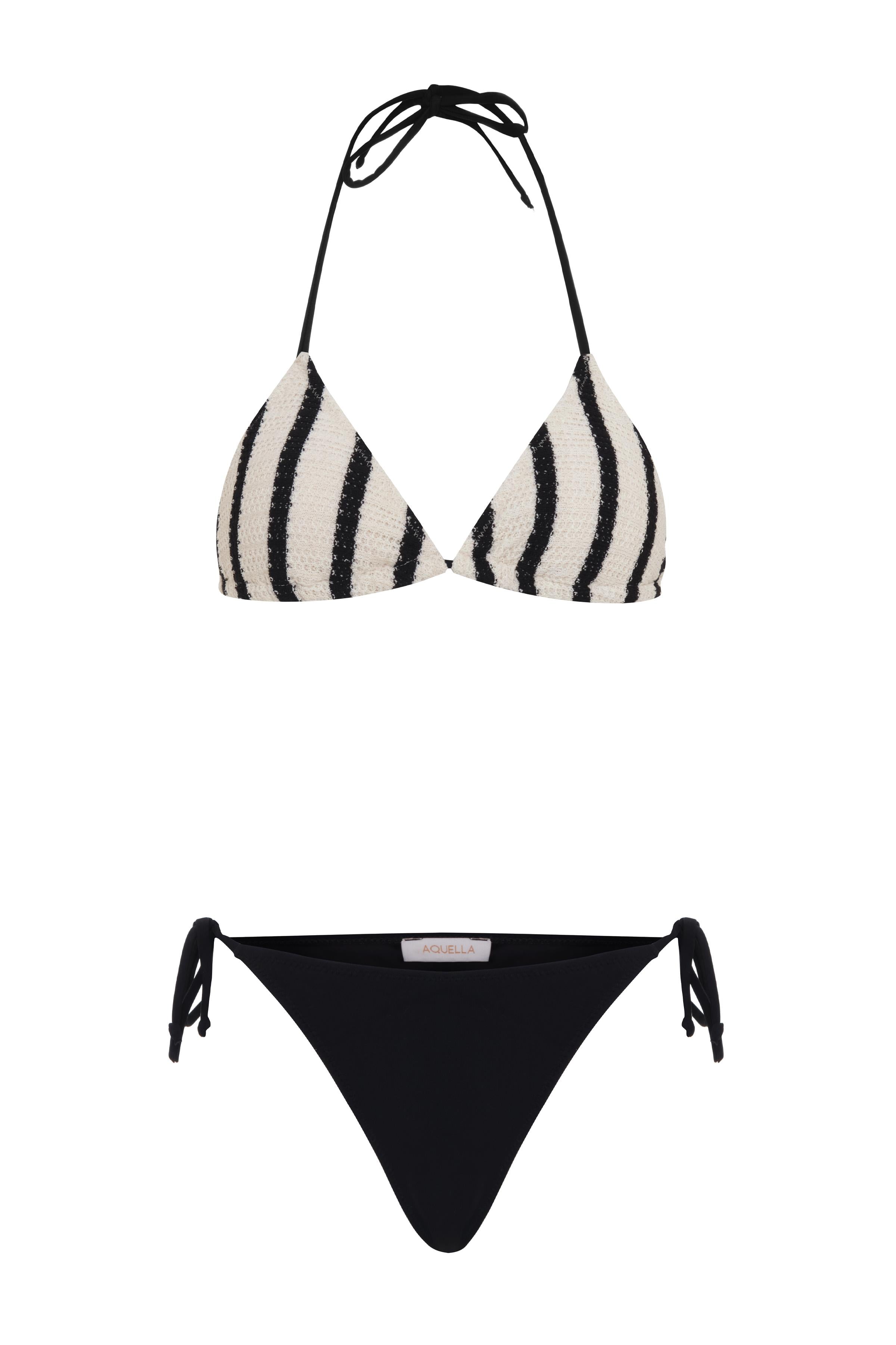 Triko Siyah Çizgili Ekru Üçgen Bikini Takım