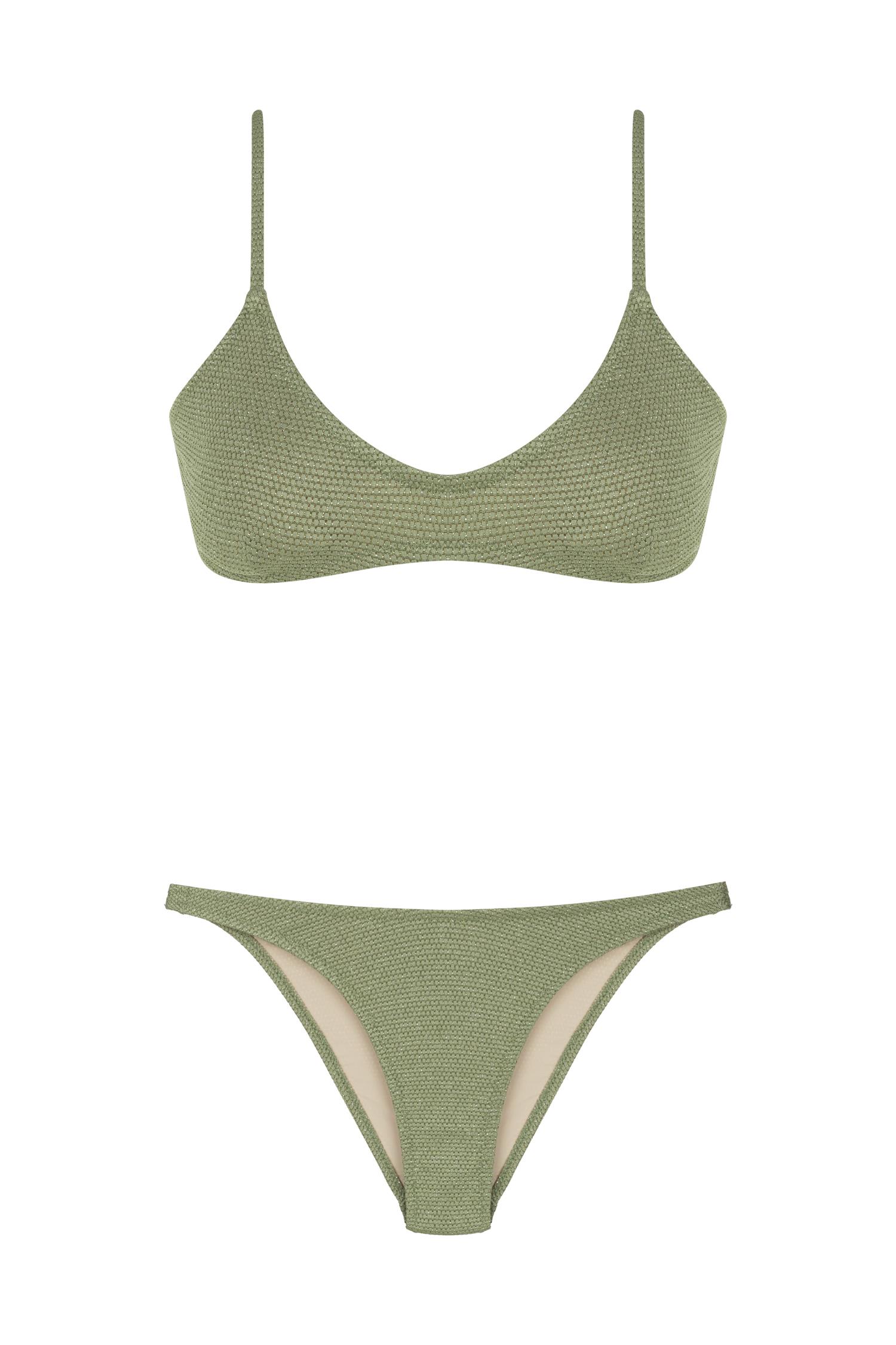 U Kesim Dokulu Üçgen Gold Simli Haki Bikini Takım