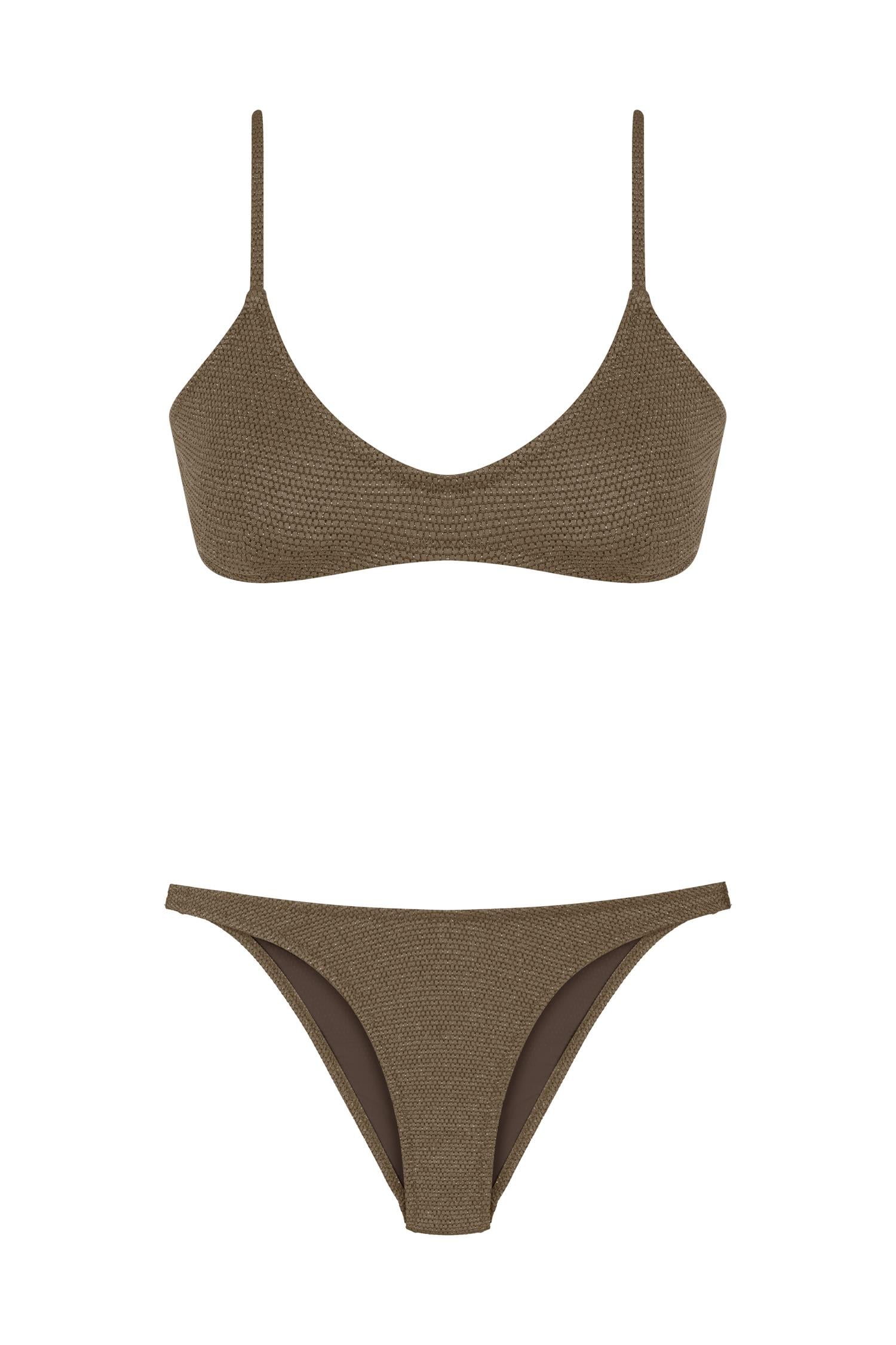 U Kesim Dokulu Üçgen Gold Simli Kahve Bikini Takım