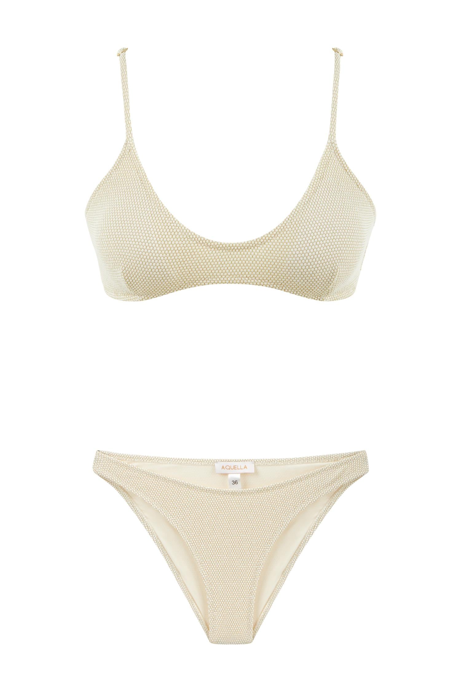 U Kesim Üçgen Gold Simli Bej Bikini Takım