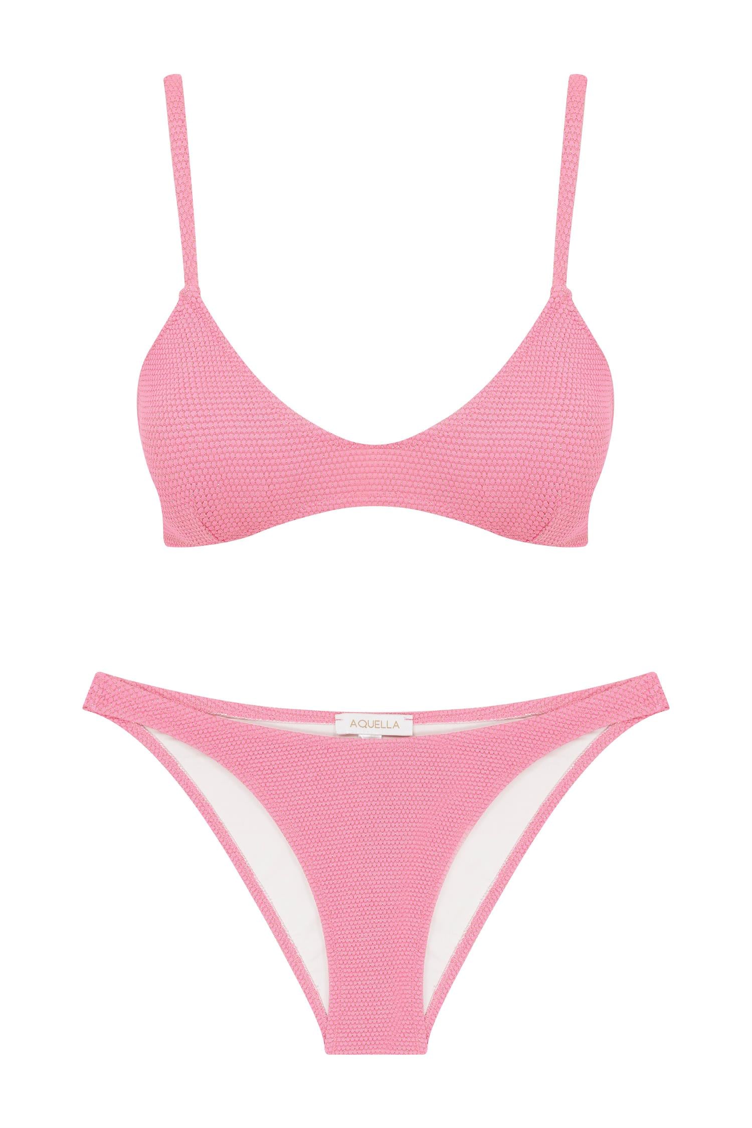 U Kesim Üçgen Gold Simli Pembe Dokulu Bikini Takım