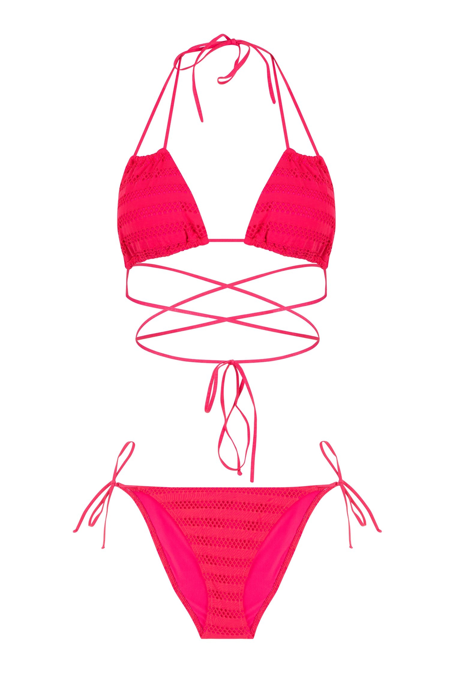 Üçgen Fuşya File Bikini Takım