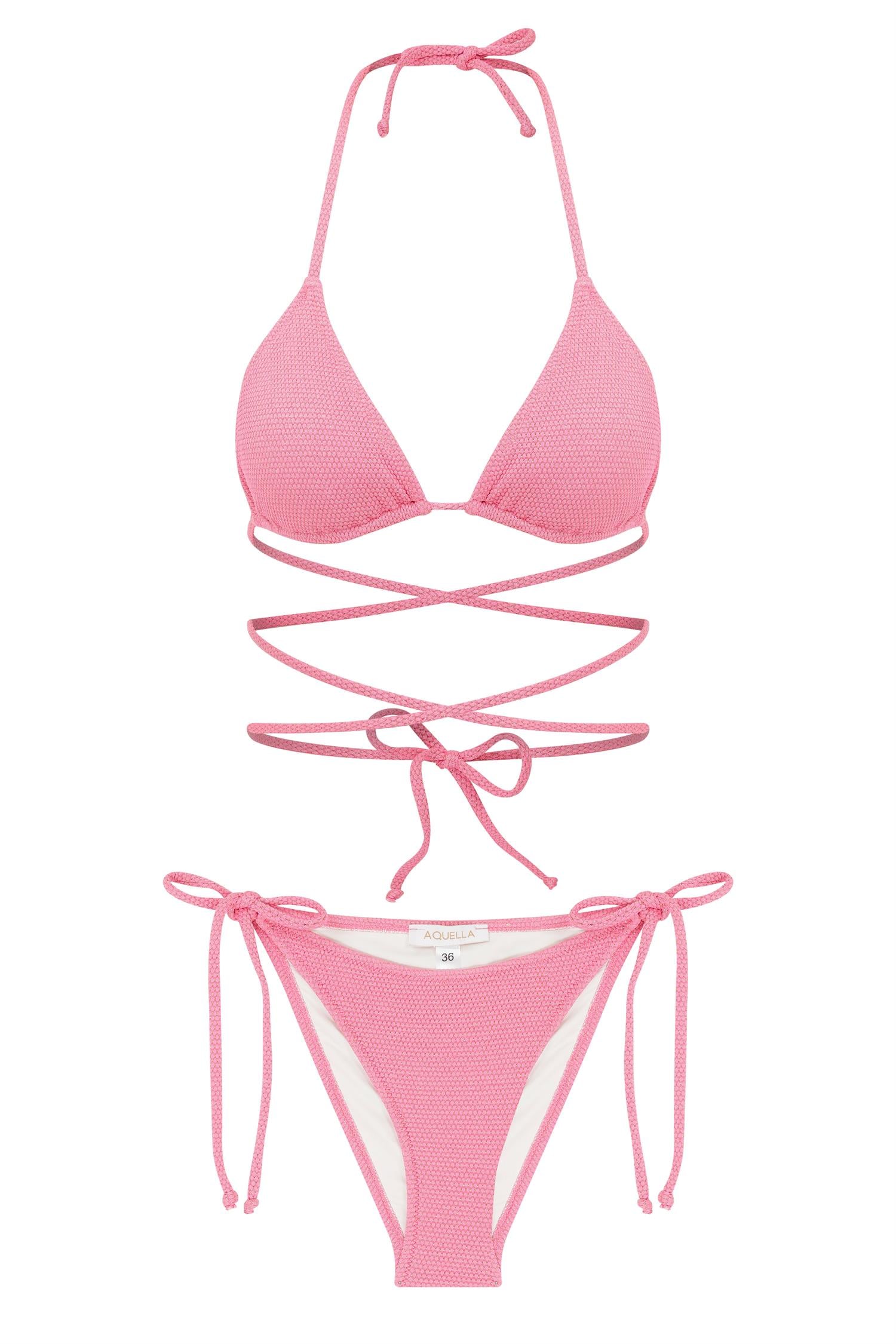 Üçgen Gold Simli Pembe Dokulu Bikini Takım