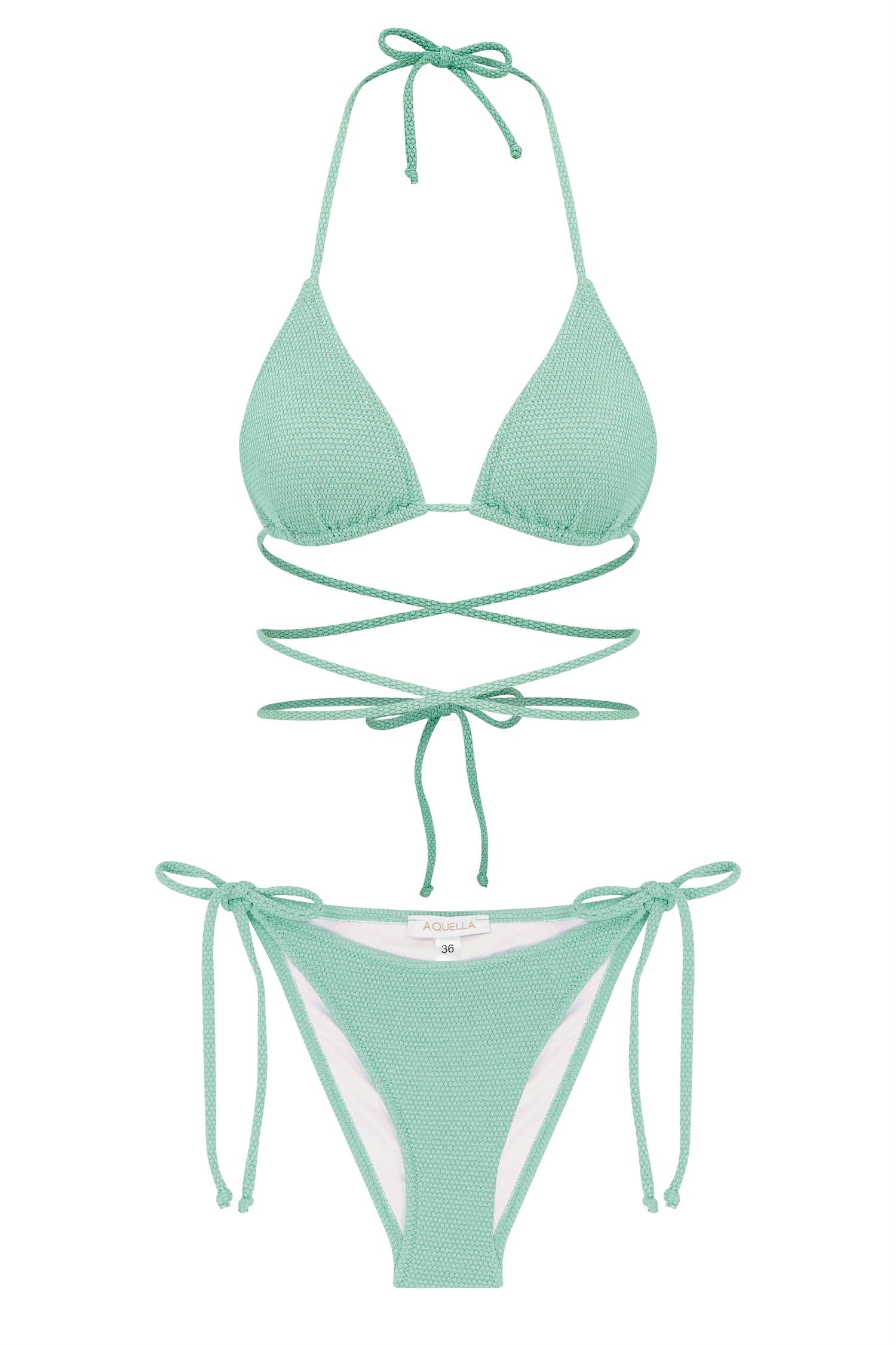 Üçgen Gold Simli Yeşil Dokulu Bikini Takım