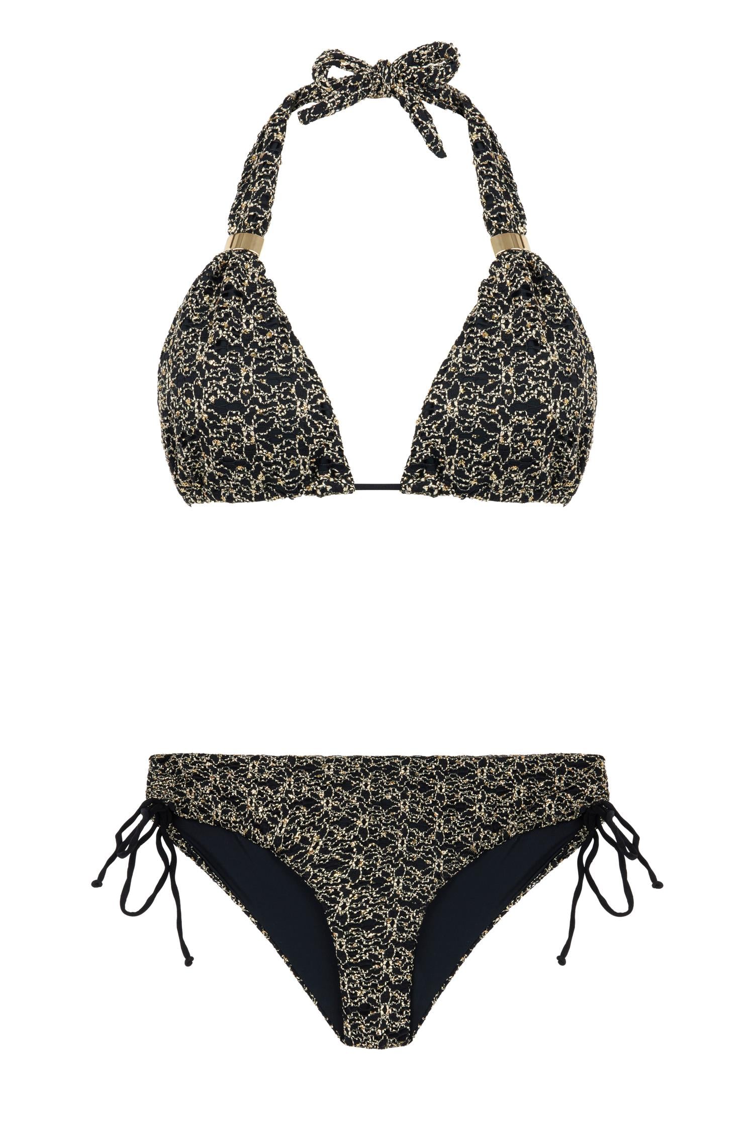 Uzun Üçgen Gold İşlemeli Siyah Bikini Takım