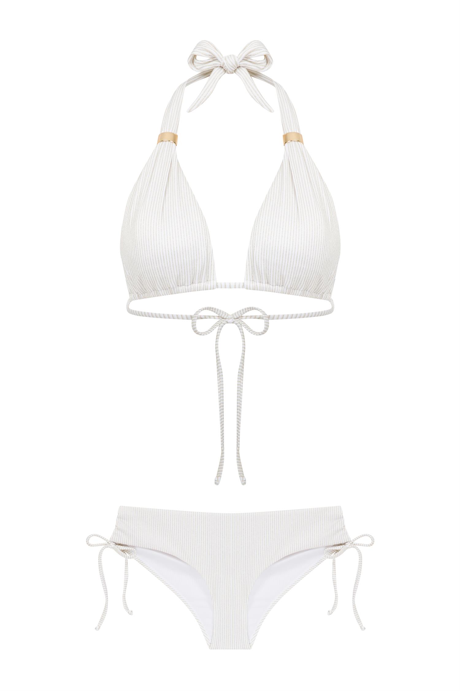 Uzun Üçgen Gold Simli Beyaz Bikini Takım