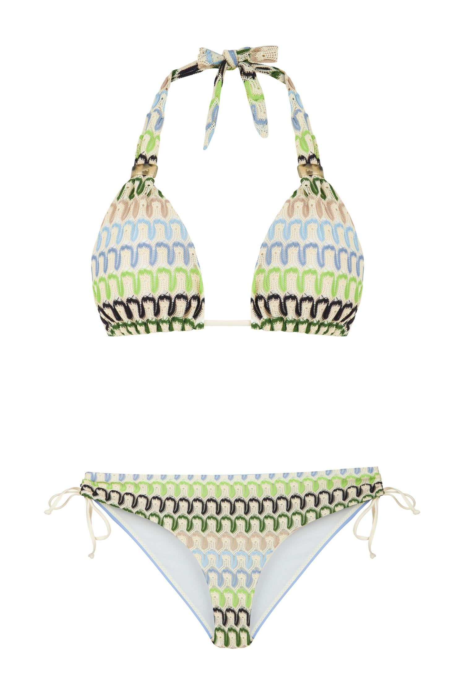 Uzun Üçgen Renkli Triko Bikini Takım