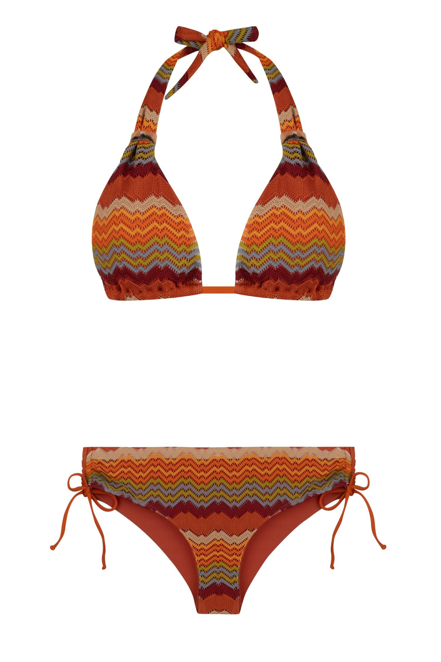 Uzun Üçgen Renkli Triko Bikini Takım