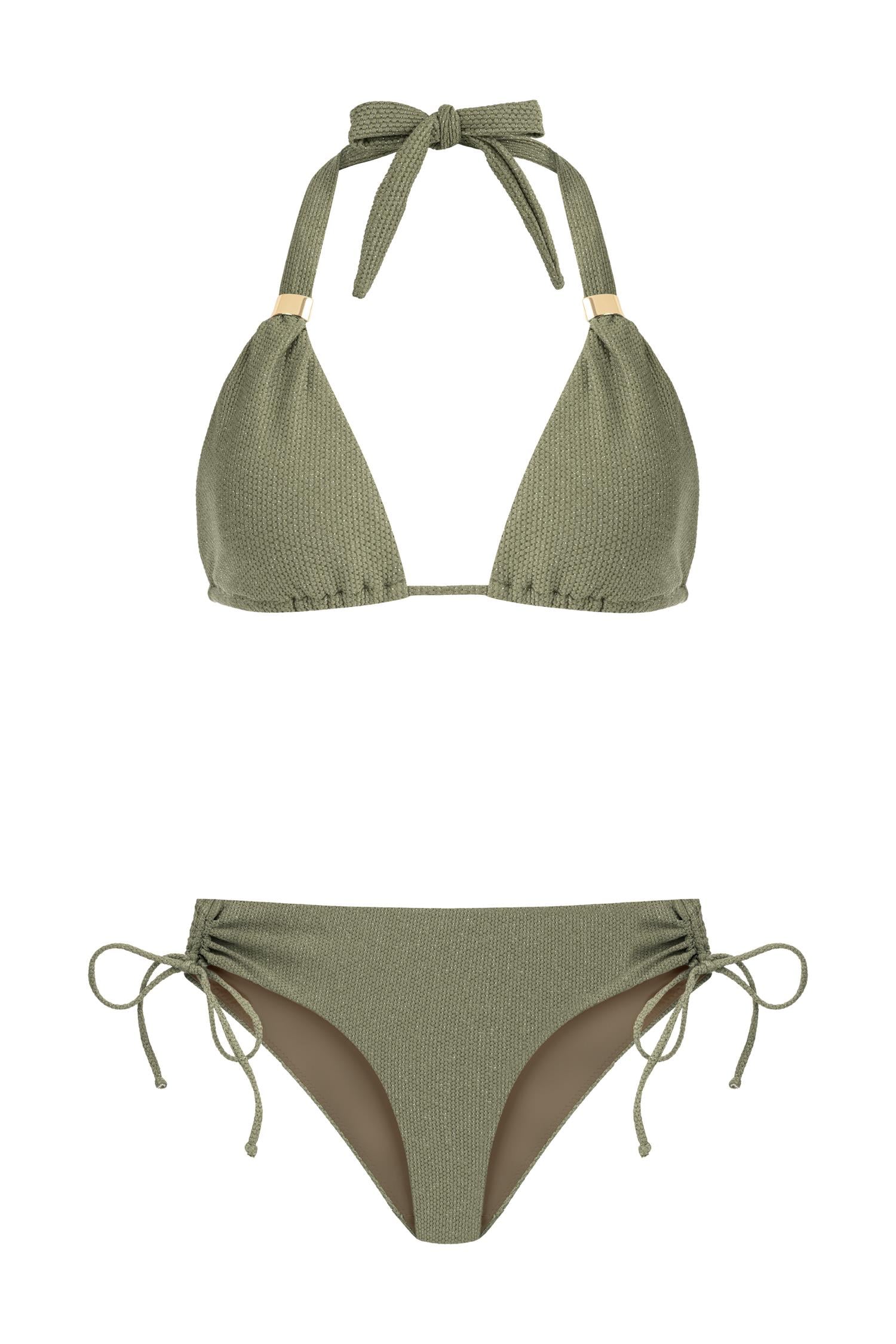 Uzun Üçgen Simli Dokulu Haki Bikini Takım