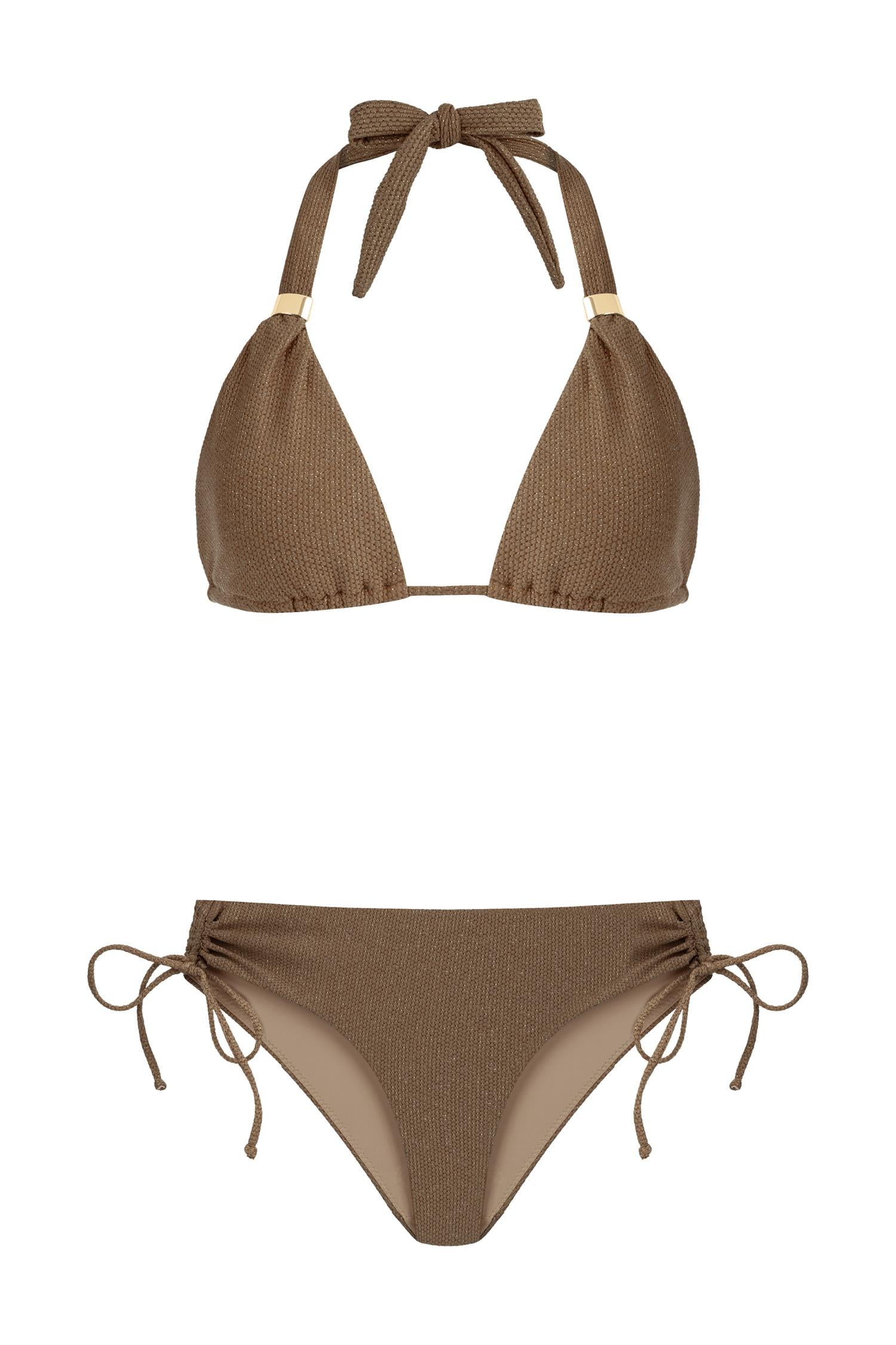 Uzun Üçgen Simli Dokulu Kahve Turuncu Bikini Takım