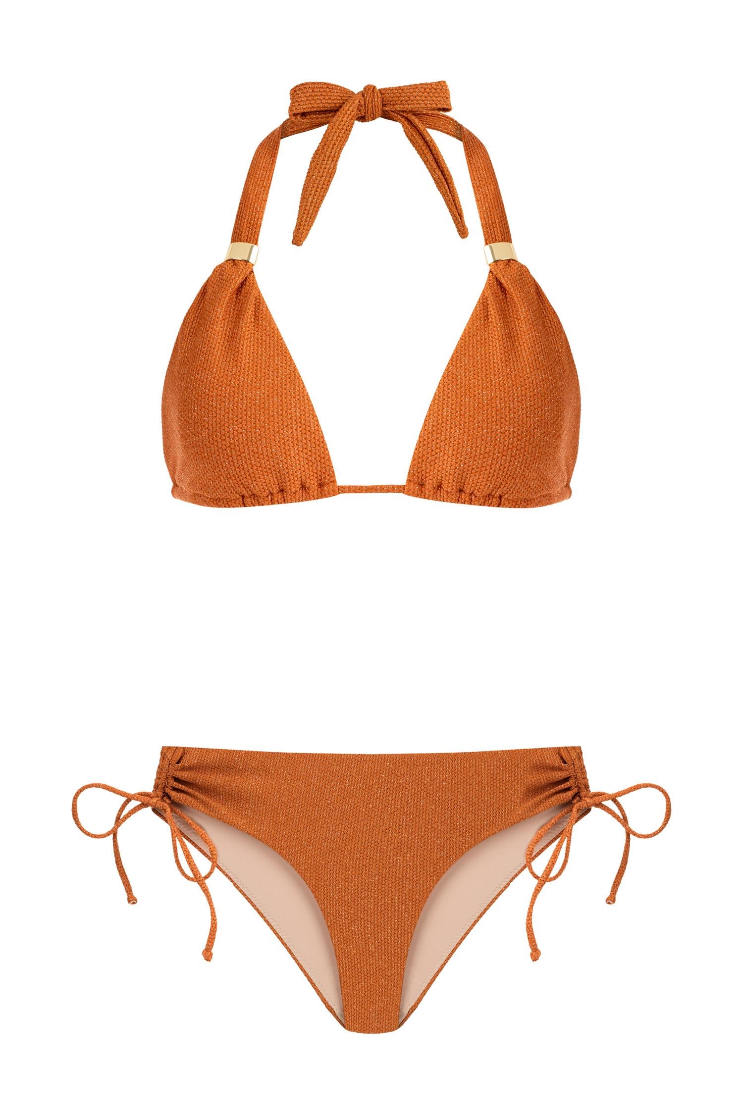Uzun Üçgen Simli Dokulu Turuncu Bikini Takım