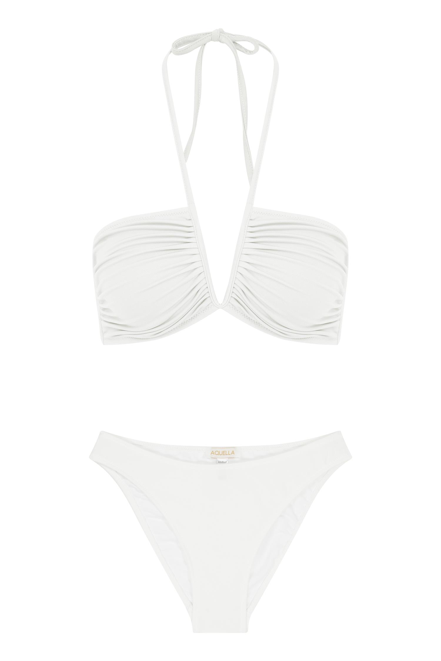 V Detaylı Parlak Beyaz Bikini Takım