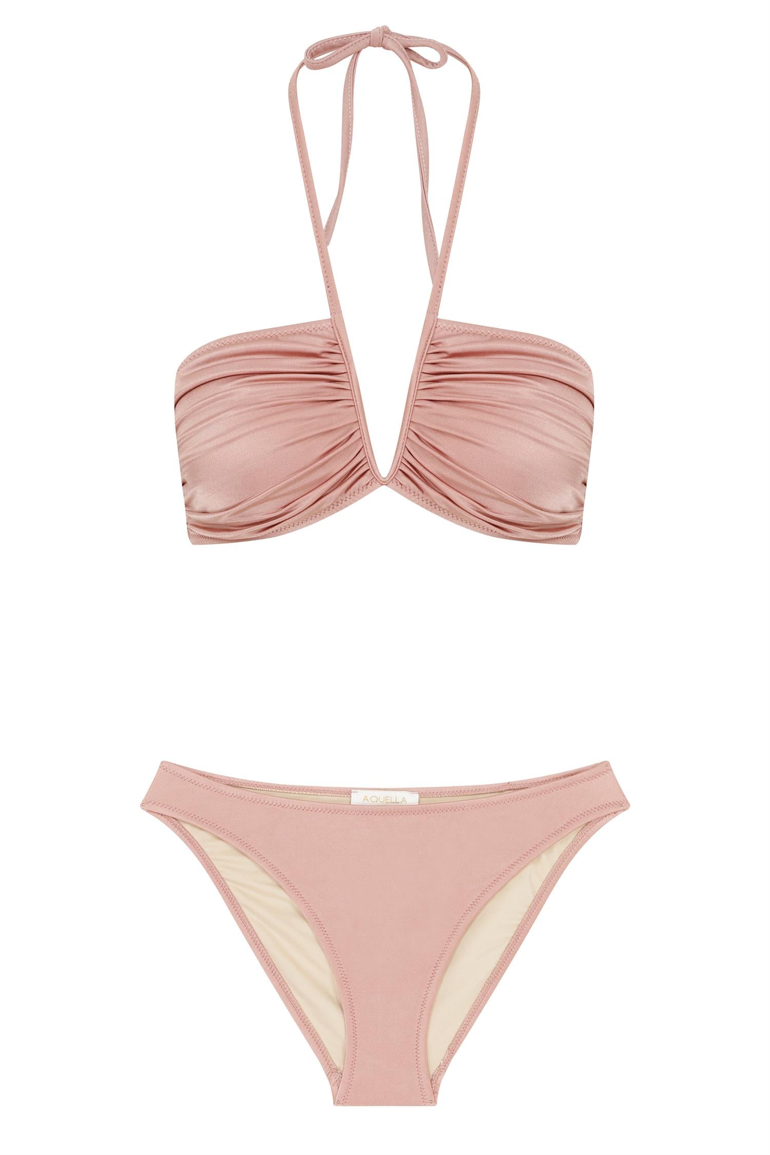 V Detaylı Parlak Gül Kurusu Bikini Takım
