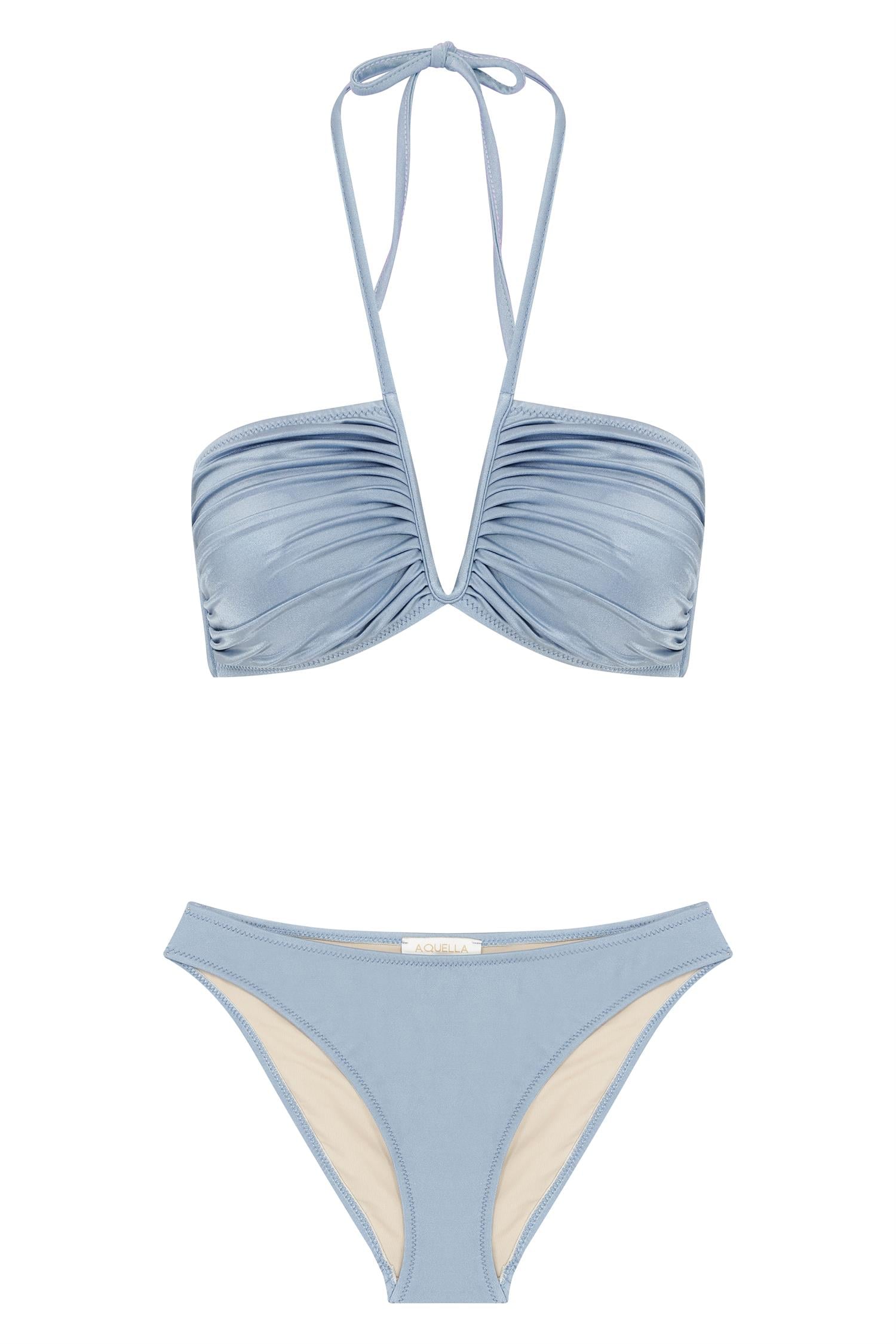 V Detaylı Parlak Mavi Bikini Takım