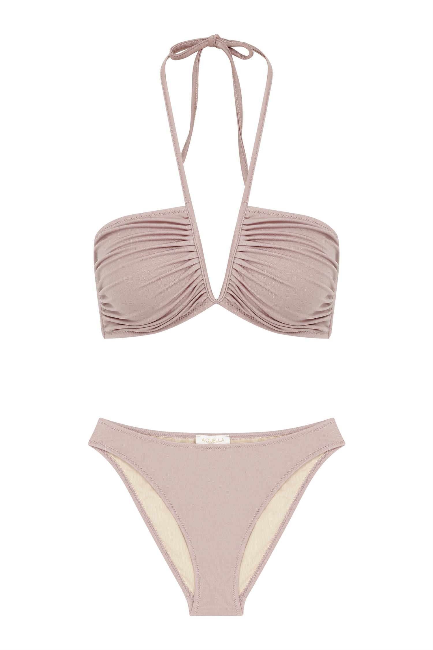 V Detaylı Parlak Pudra Bikini Takım
