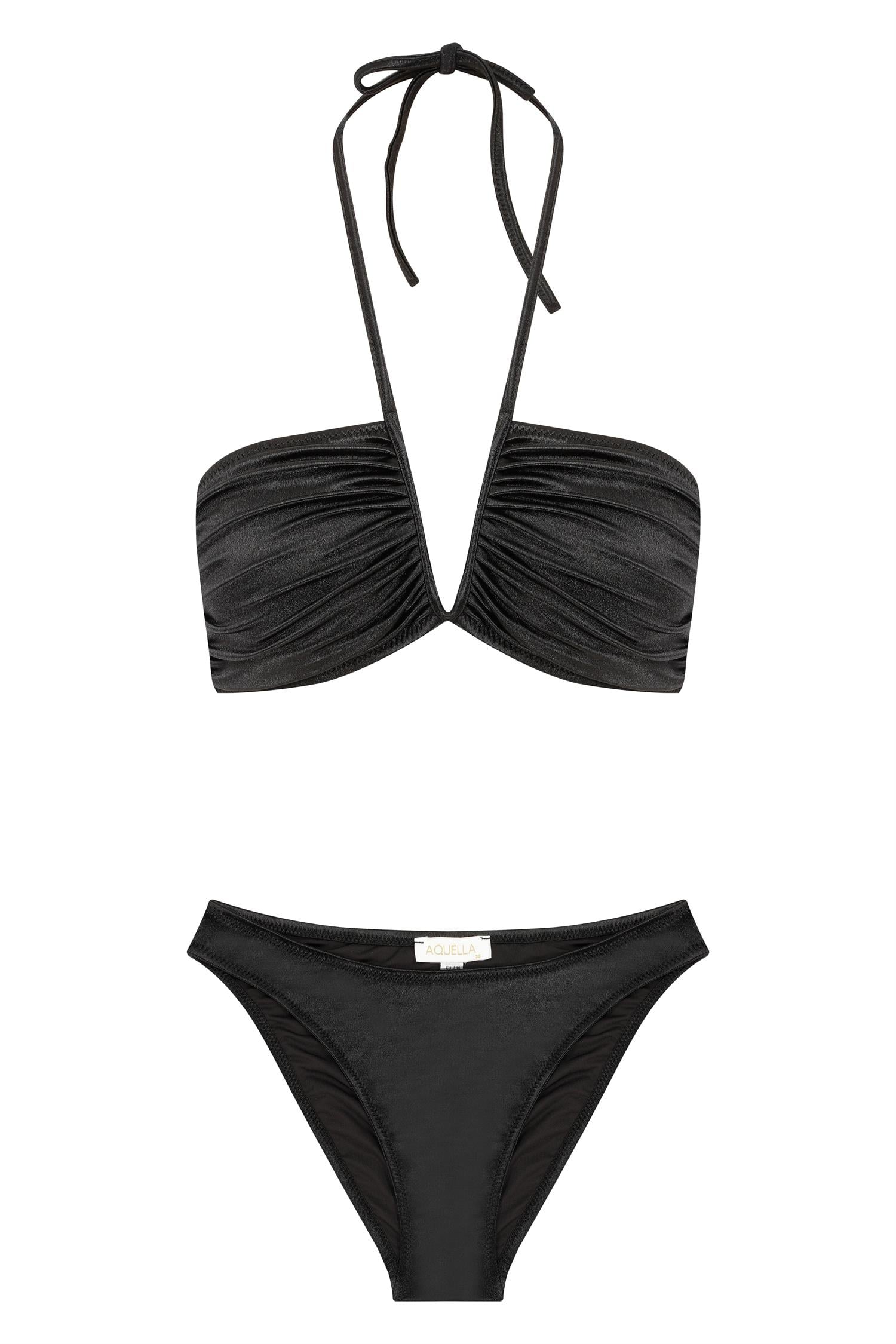V Detaylı Parlak Siyah Bikini Takım
