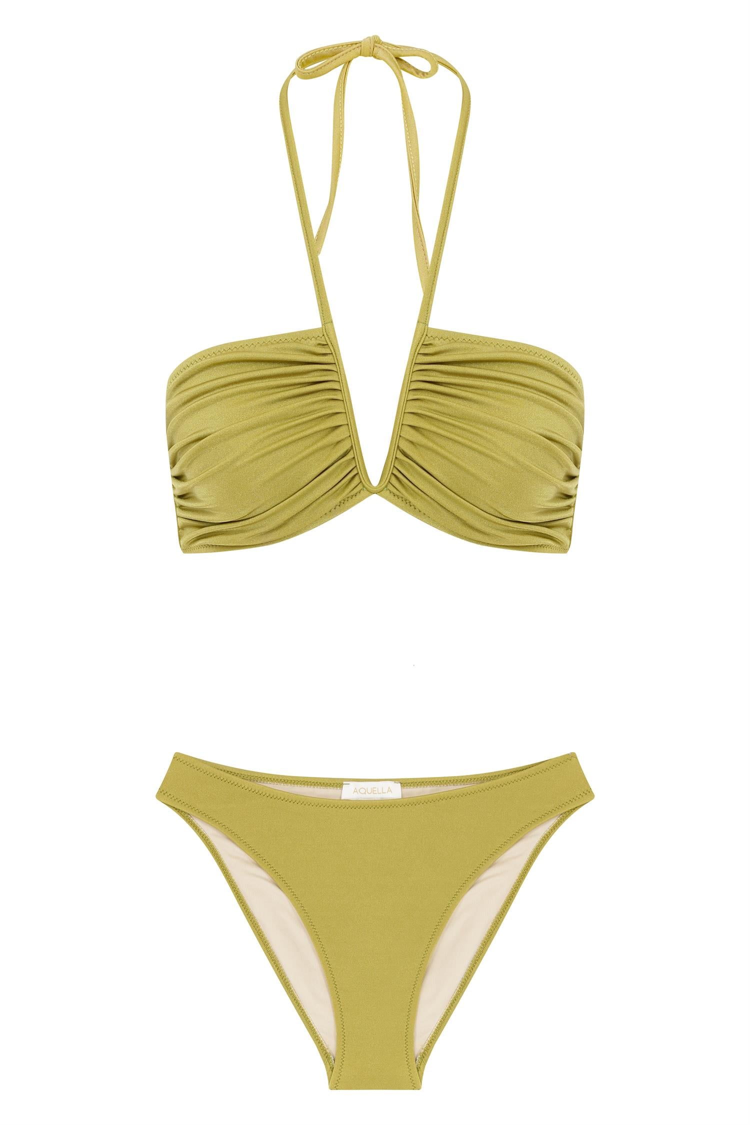 V Detaylı Parlak Yağ Yeşili Bikini Takım