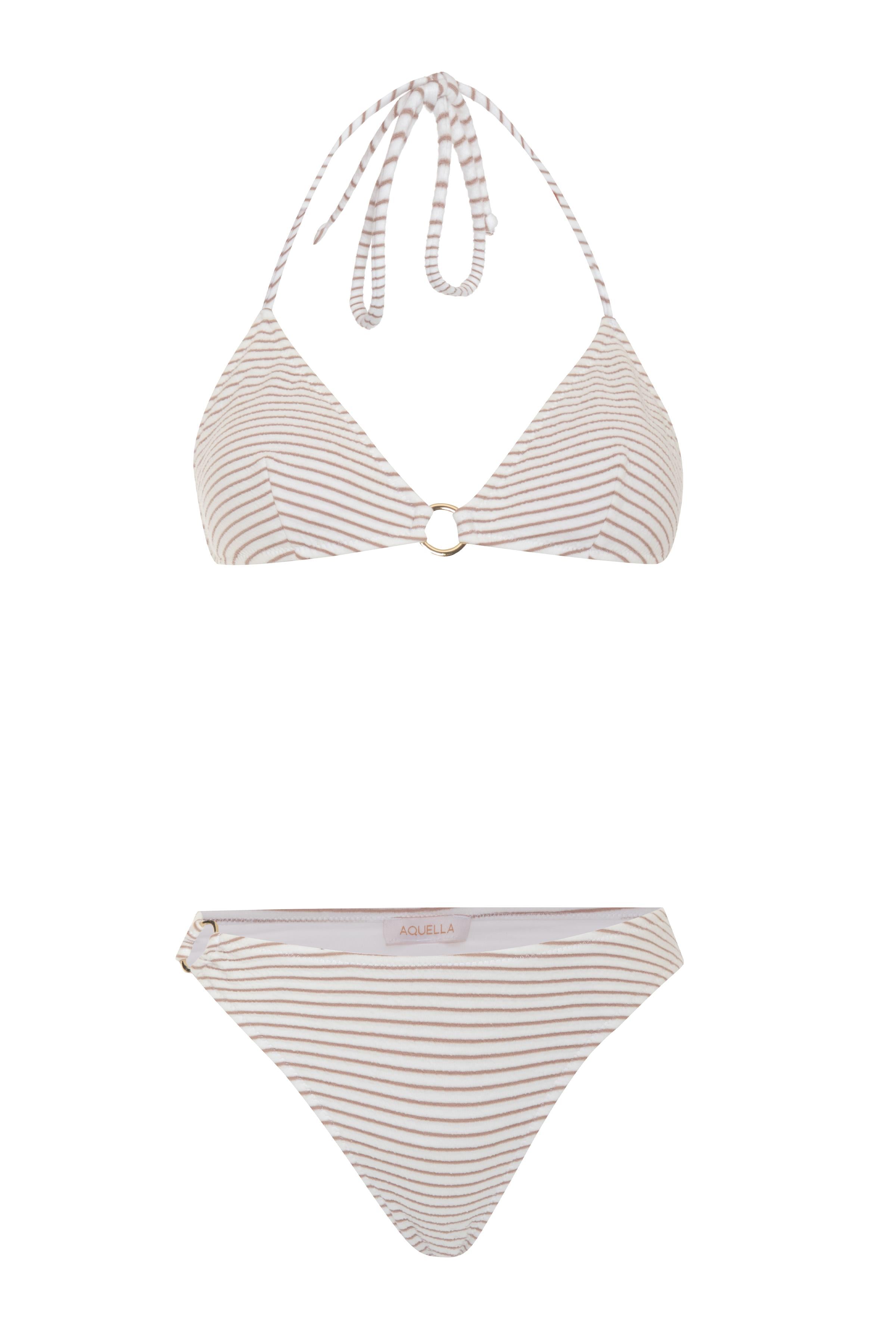 Vizon Çizgili Aksesuarlı Ekru Üçgen Bikini