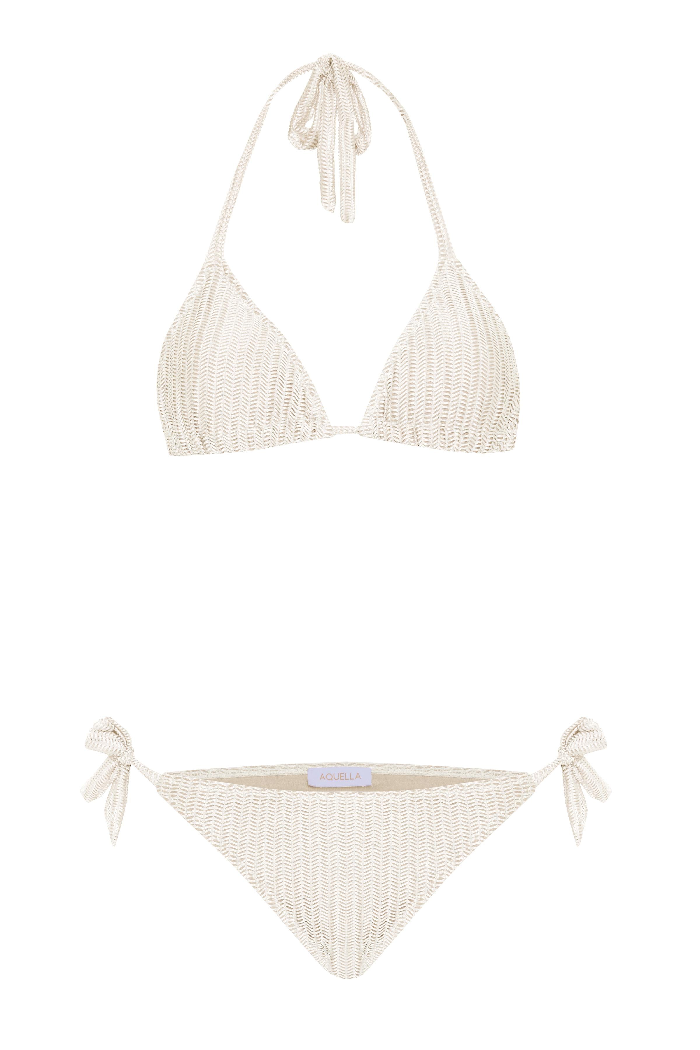 Zigzag Desen Bej Bağlamalı Bikini Takım