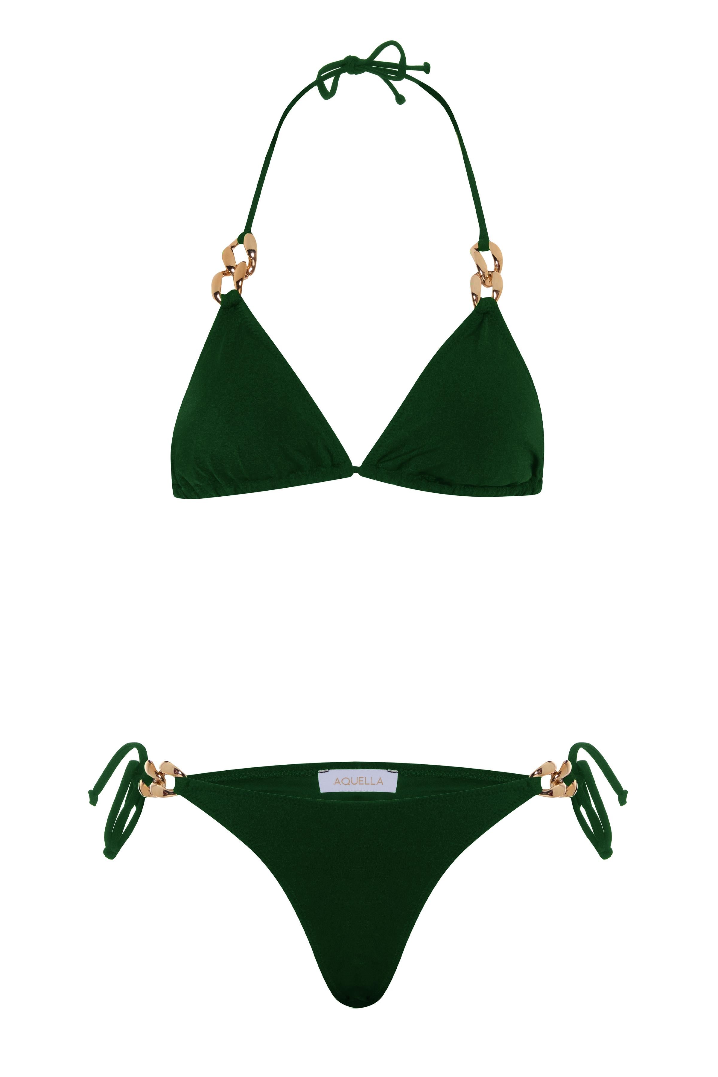 Zincir Aksesuarlı Koyu Yeşil Üçgen Bikini Takım