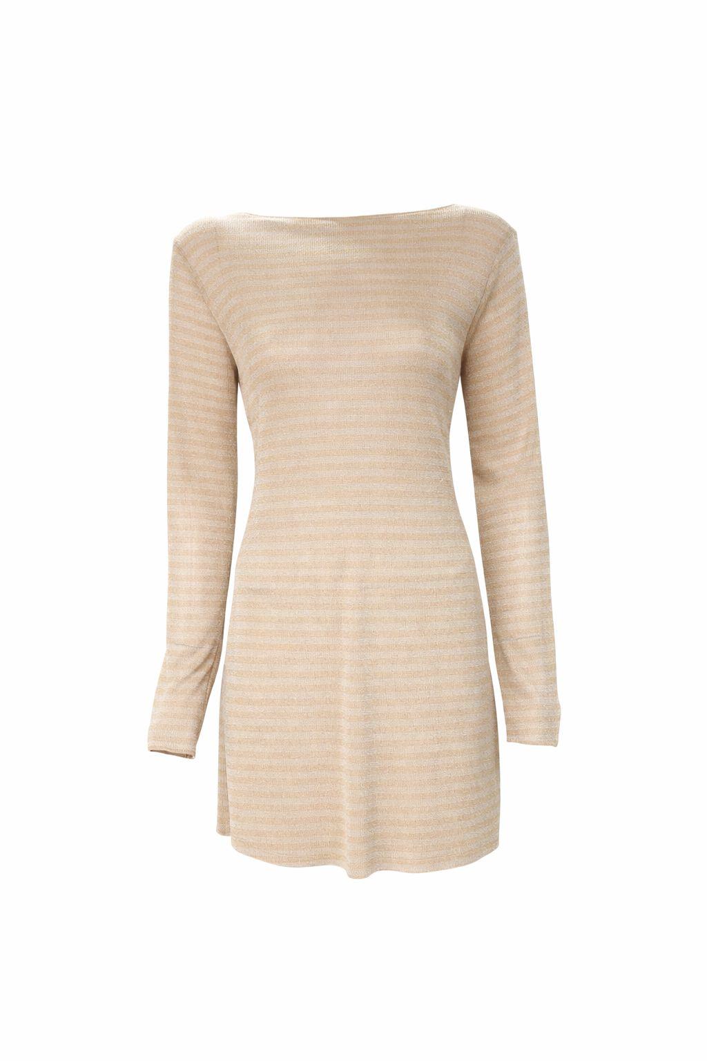 Simli Çizgili Bej Uzun Kol Tunik