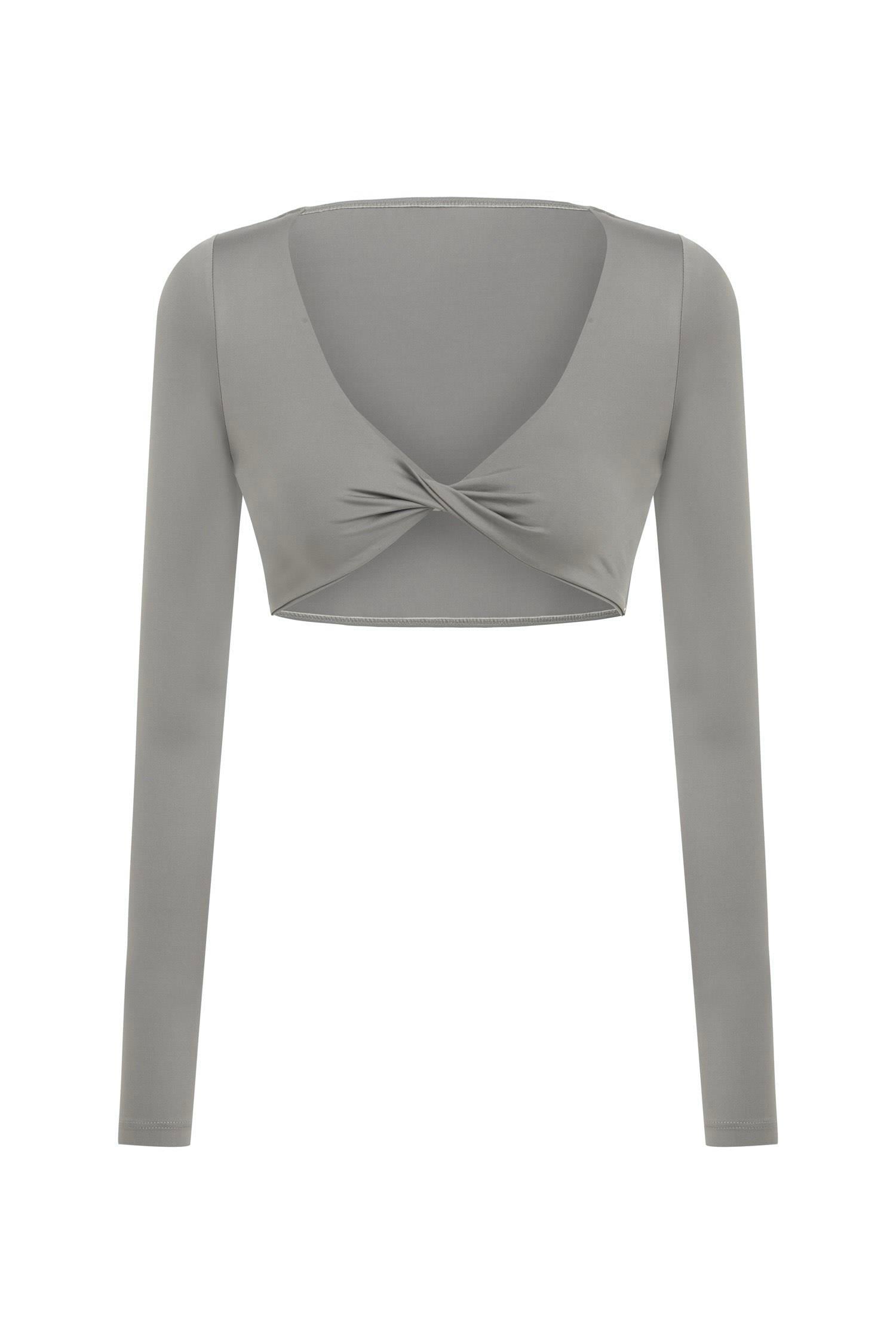 Ava Dönmeli Uzun Kol Antrasit Crop-Top