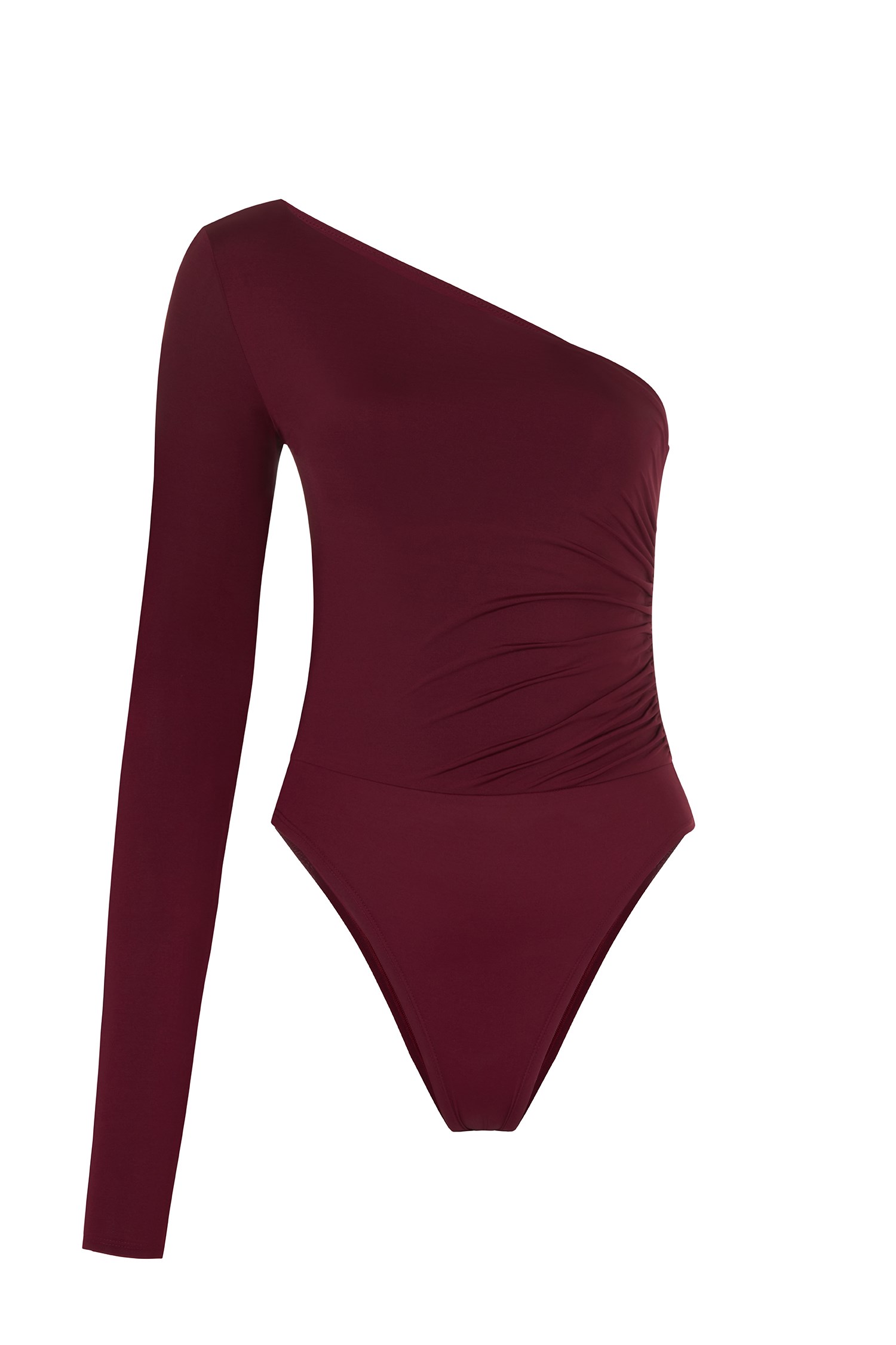 Asimetrik Büzgülü Bordo Bodysuit