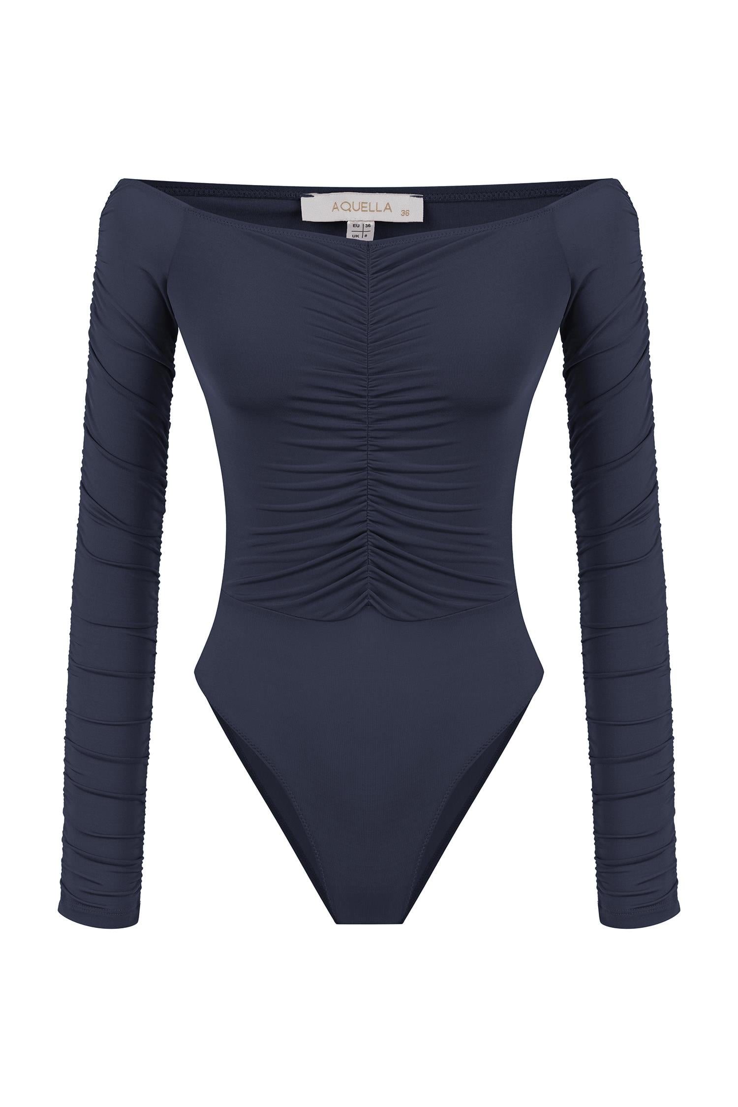 Omuz Dekolte Straplez Lacivert Bodysuit