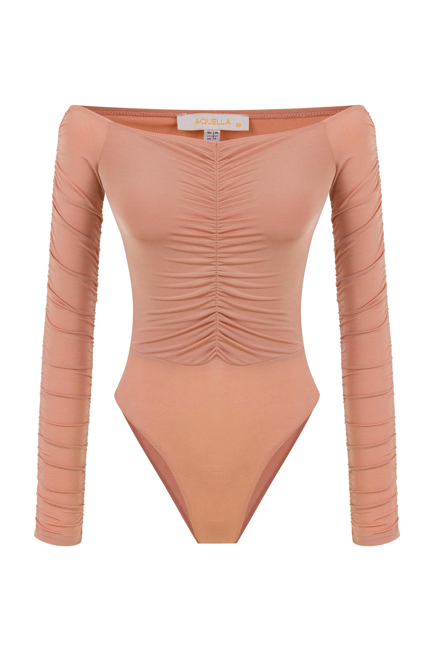 Omuz Dekolte Straplez Pembe Bodysuit