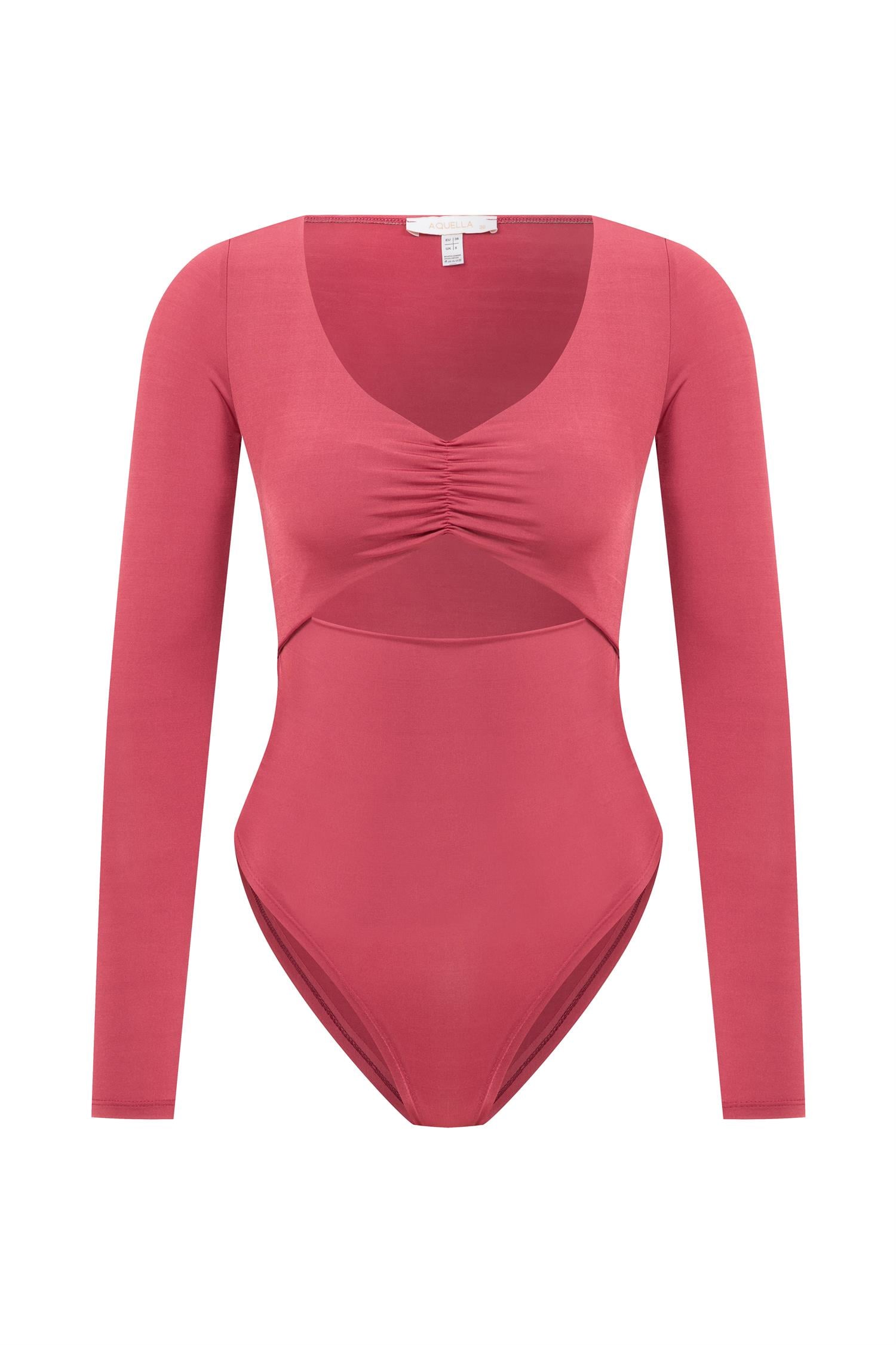 V Yaka Büzgü Detaylı Nar Çiçeği Bodysuit
