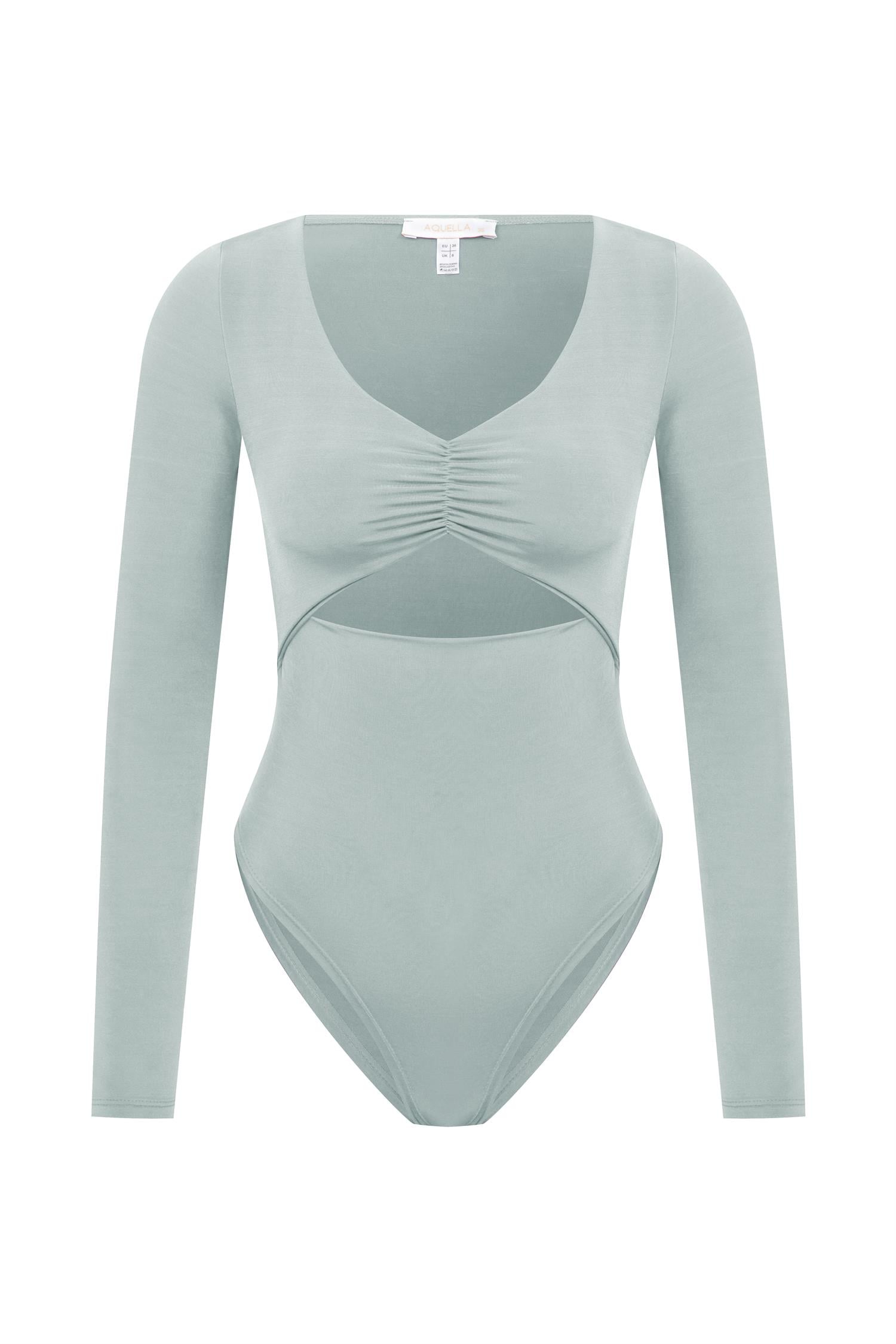 V Yaka Büzgü Detaylı Su Yeşili Bodysuit