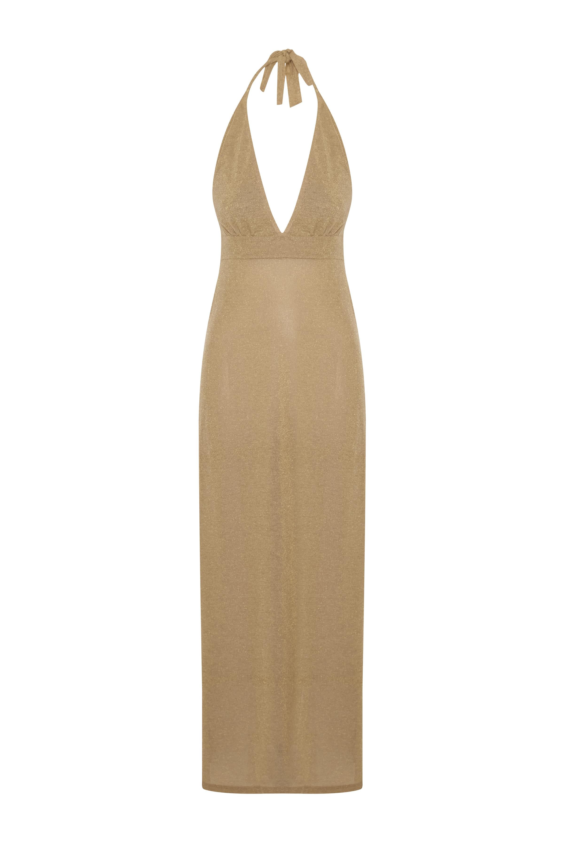 Askılı Gold Lurex Elbise