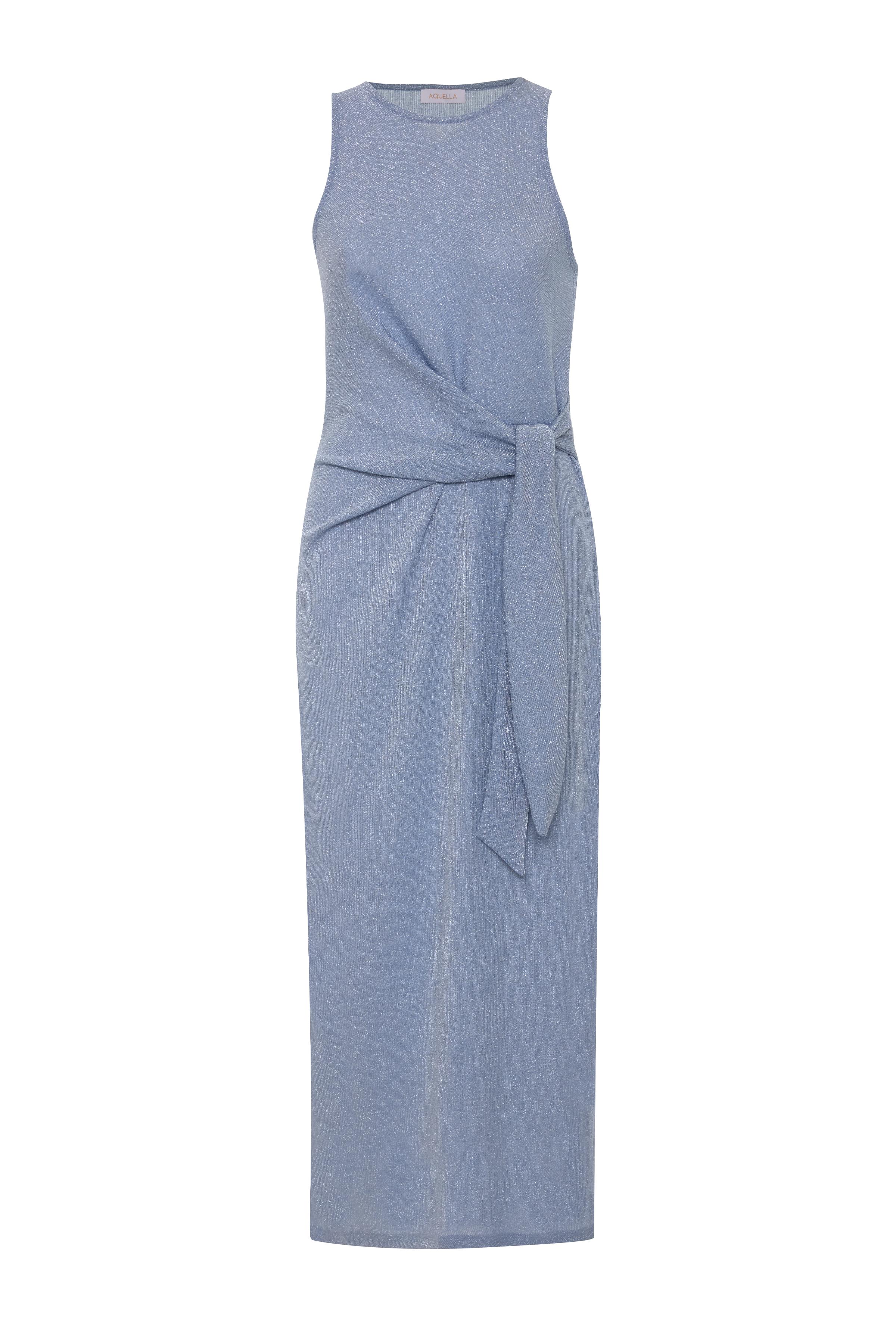 Bağlamalı Yırtmaçlı Lurex Bebe Mavi Uzun Elbise