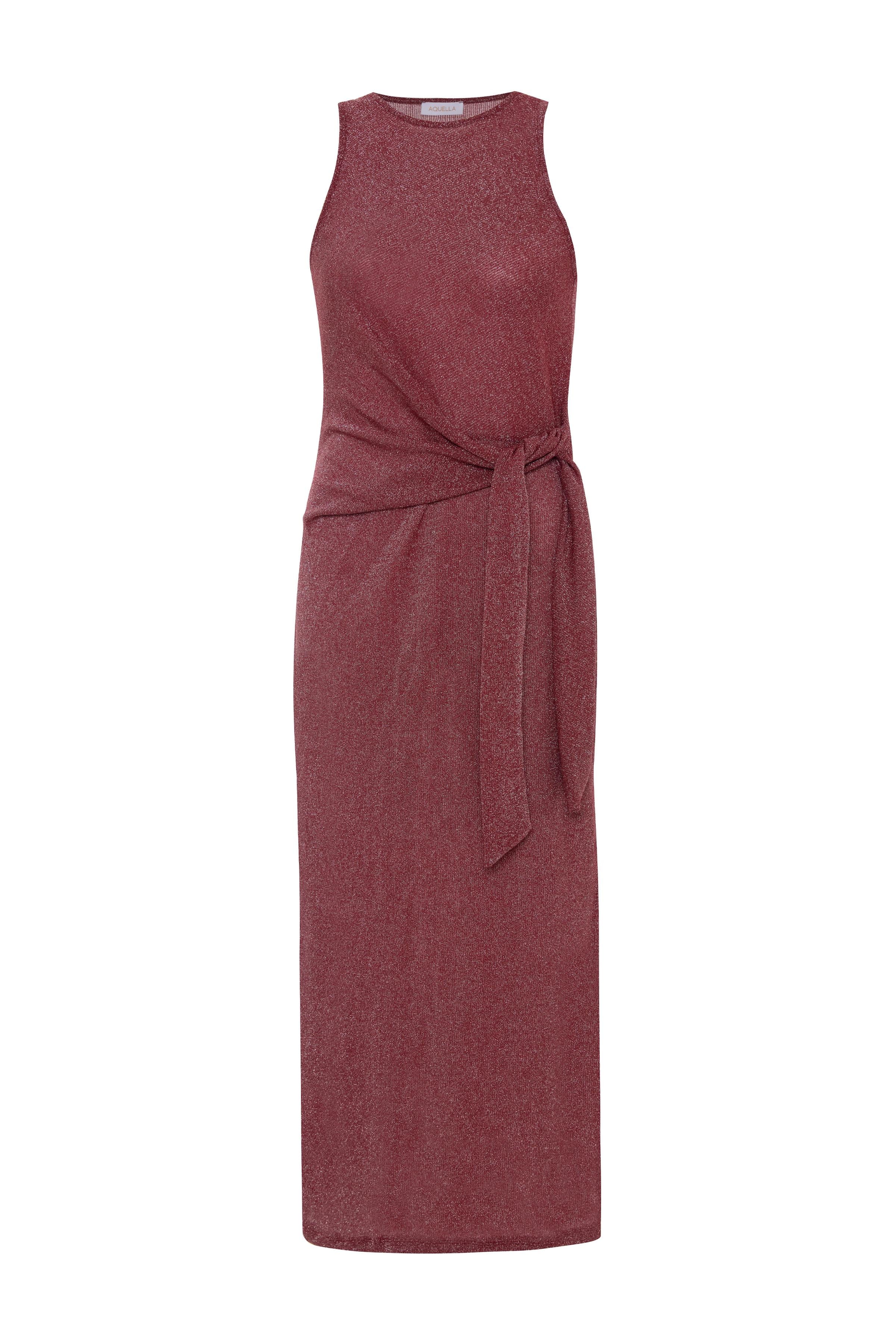 Bağlamalı Yırtmaçlı Lurex Bordo Uzun Elbise
