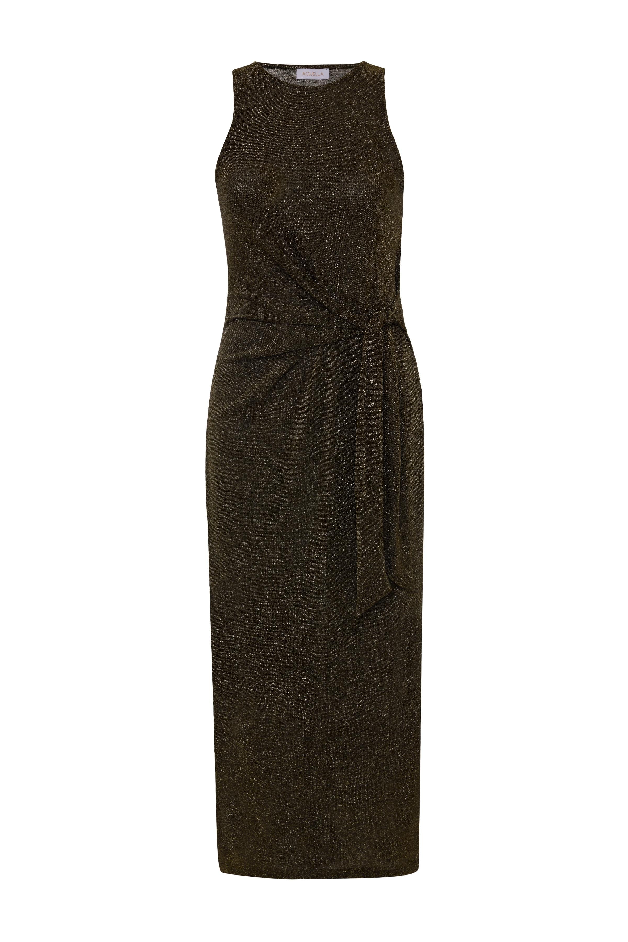 Bağlamalı Yırtmaçlı Lurex Haki Uzun Elbise