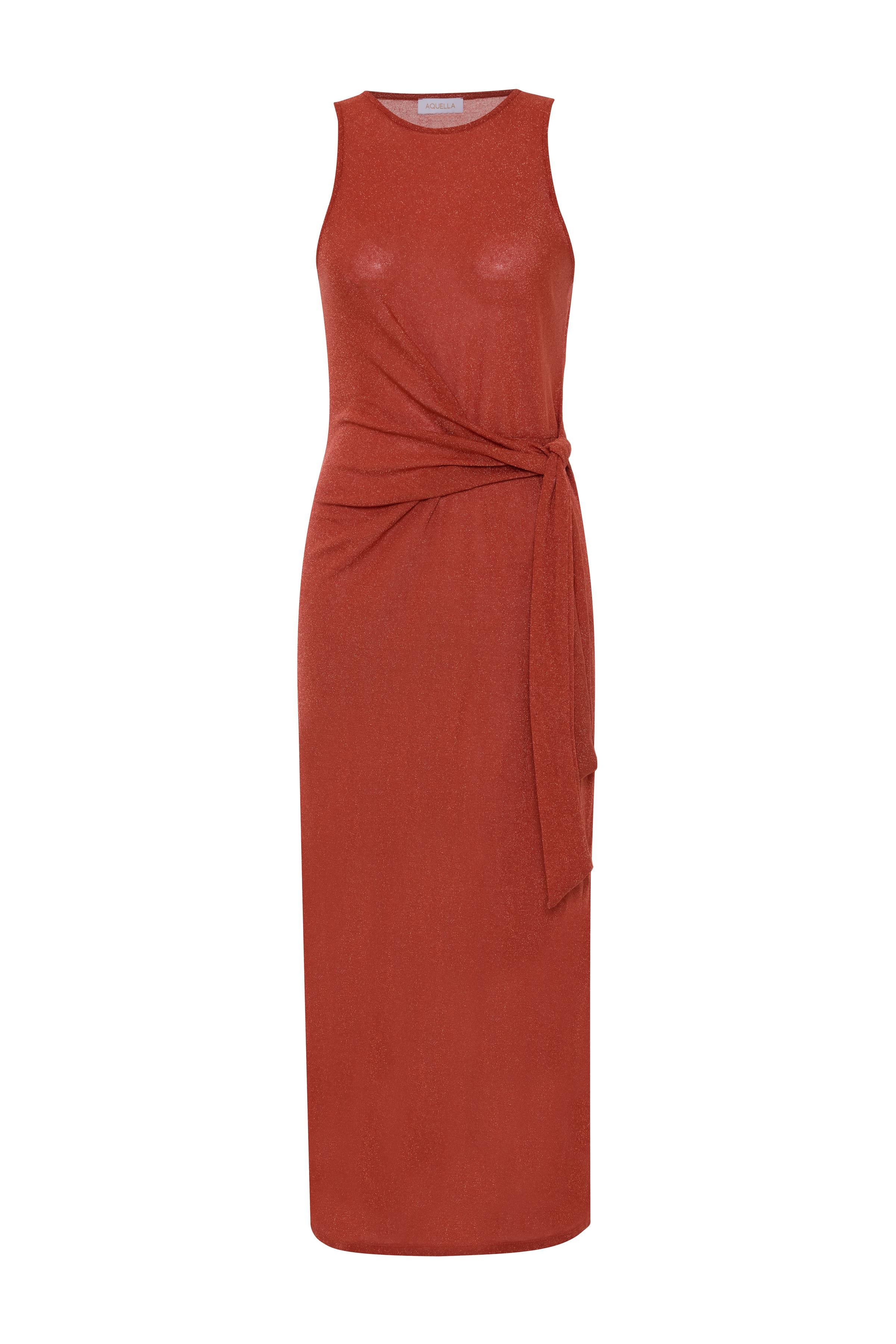 Bağlamalı Yırtmaçlı Lurex Oranj Uzun Elbise