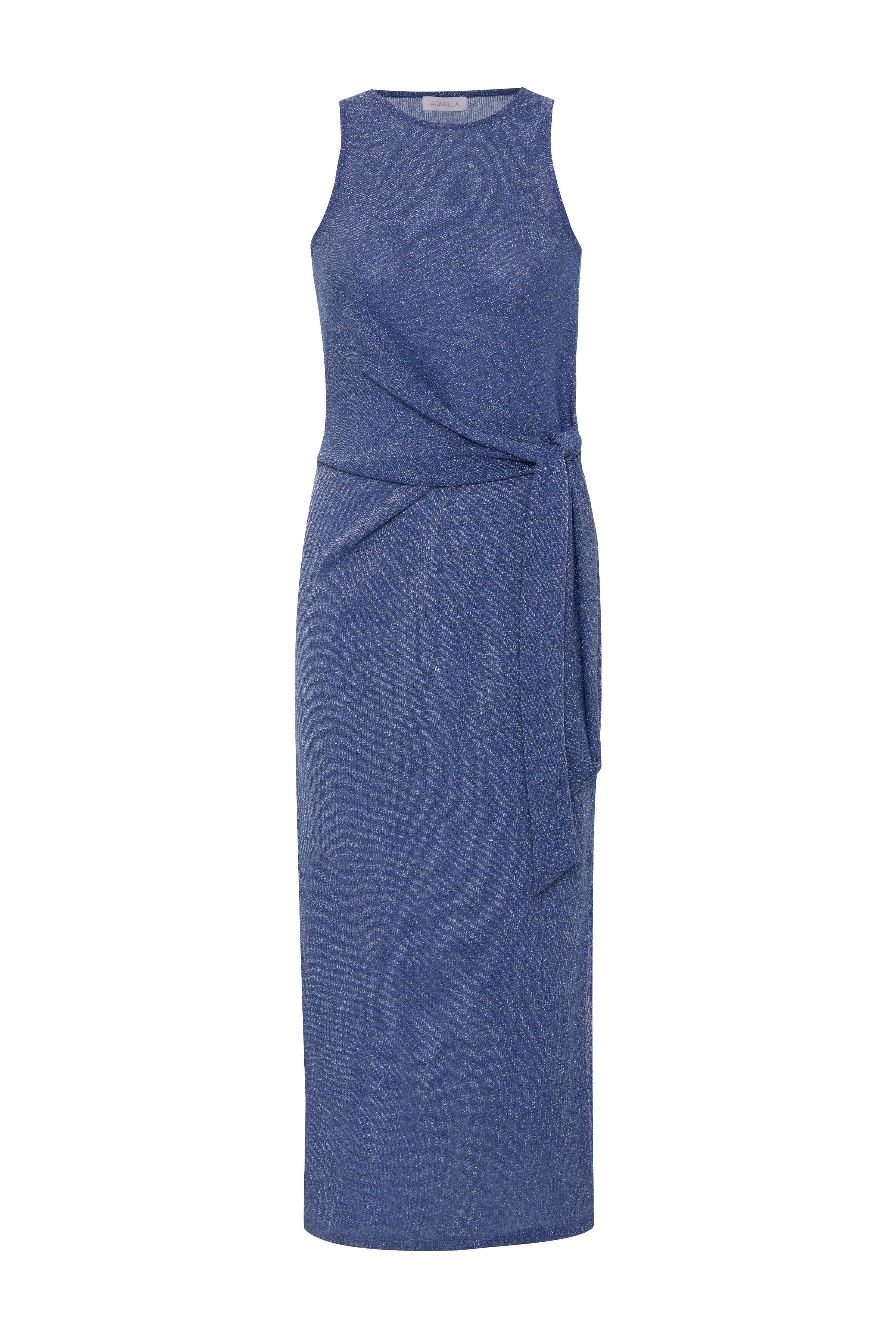 Bağlamalı Yırtmaçlı Lurex Saks Mavi Uzun Elbise