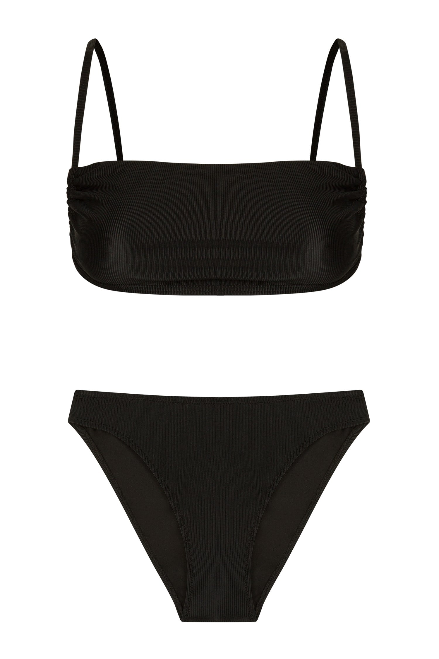 Kare Yaka Yanı Büzgülü Siyah Dokulu Bikini Takım