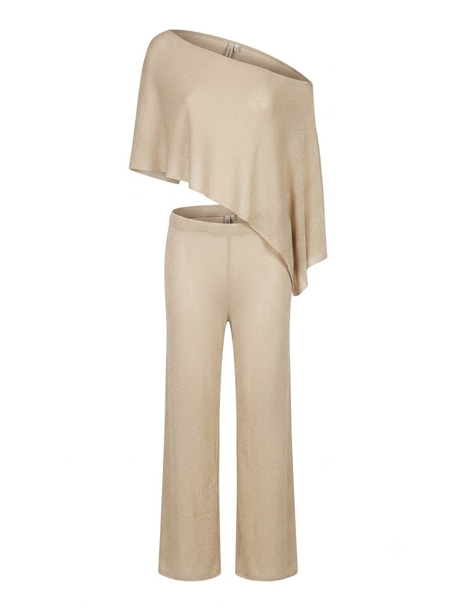 Asimetrik Gold Pelerin Pantolon Takım