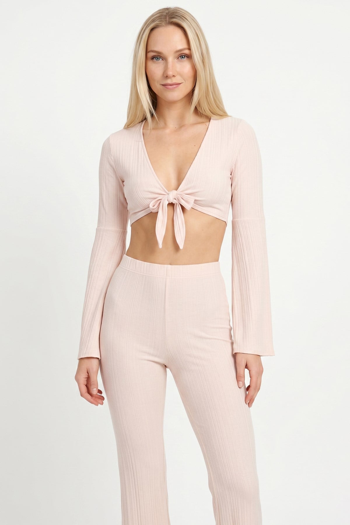 Bağlamalı Bej Dokulu Crop Top-Pantolon Takım