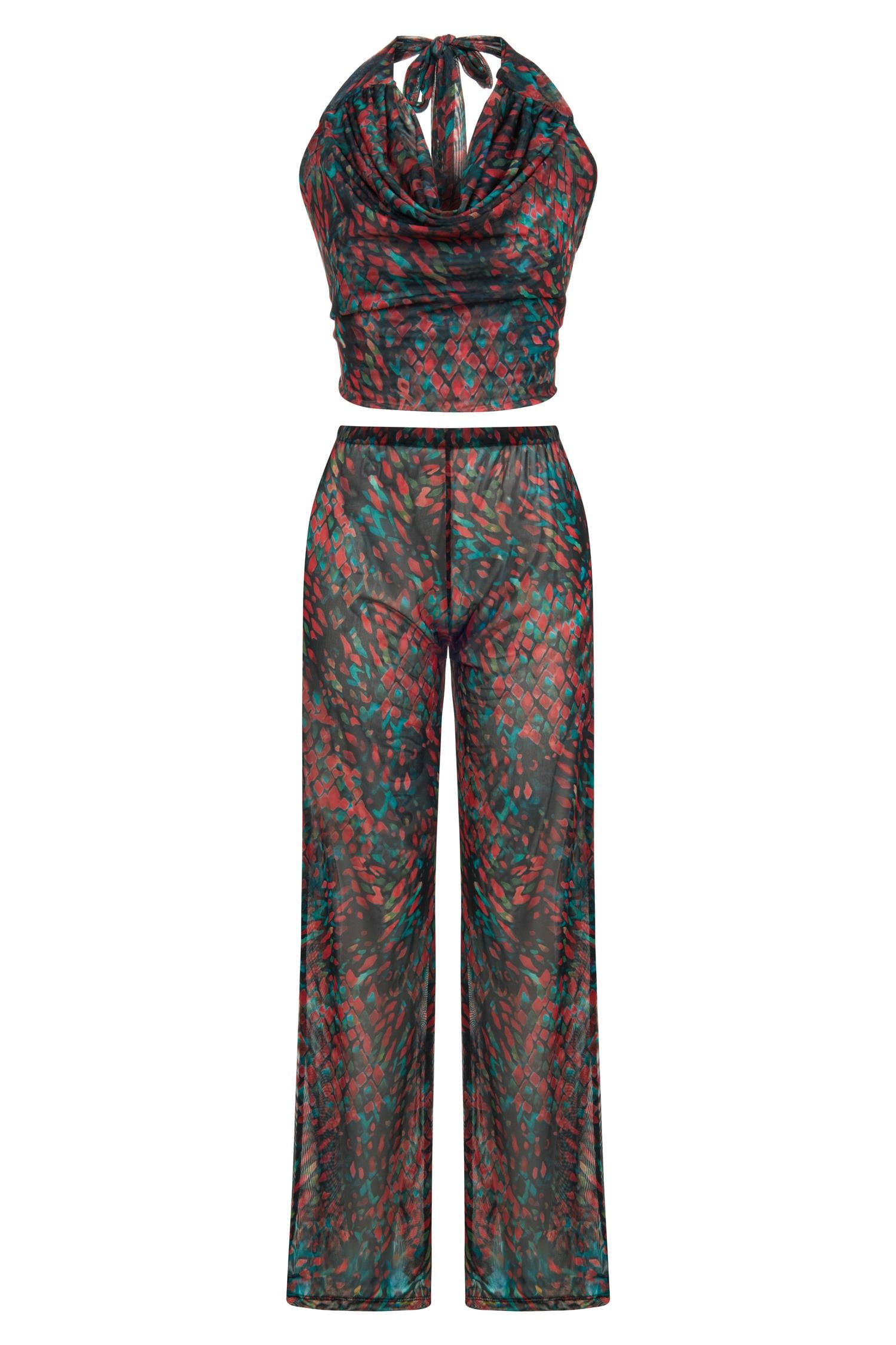 Desenli Kırmızı Crop Top-Pantolon Takım