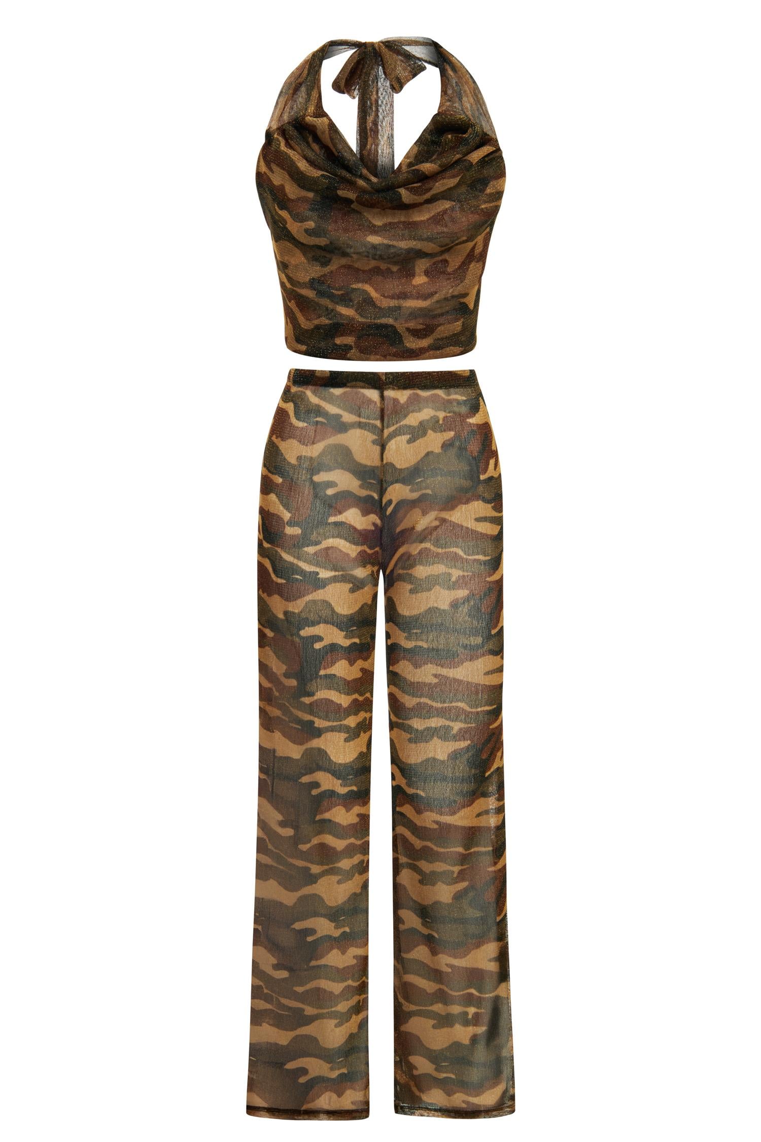 Desenli Simli Kahverengi Crop Top-Pantolon Takım