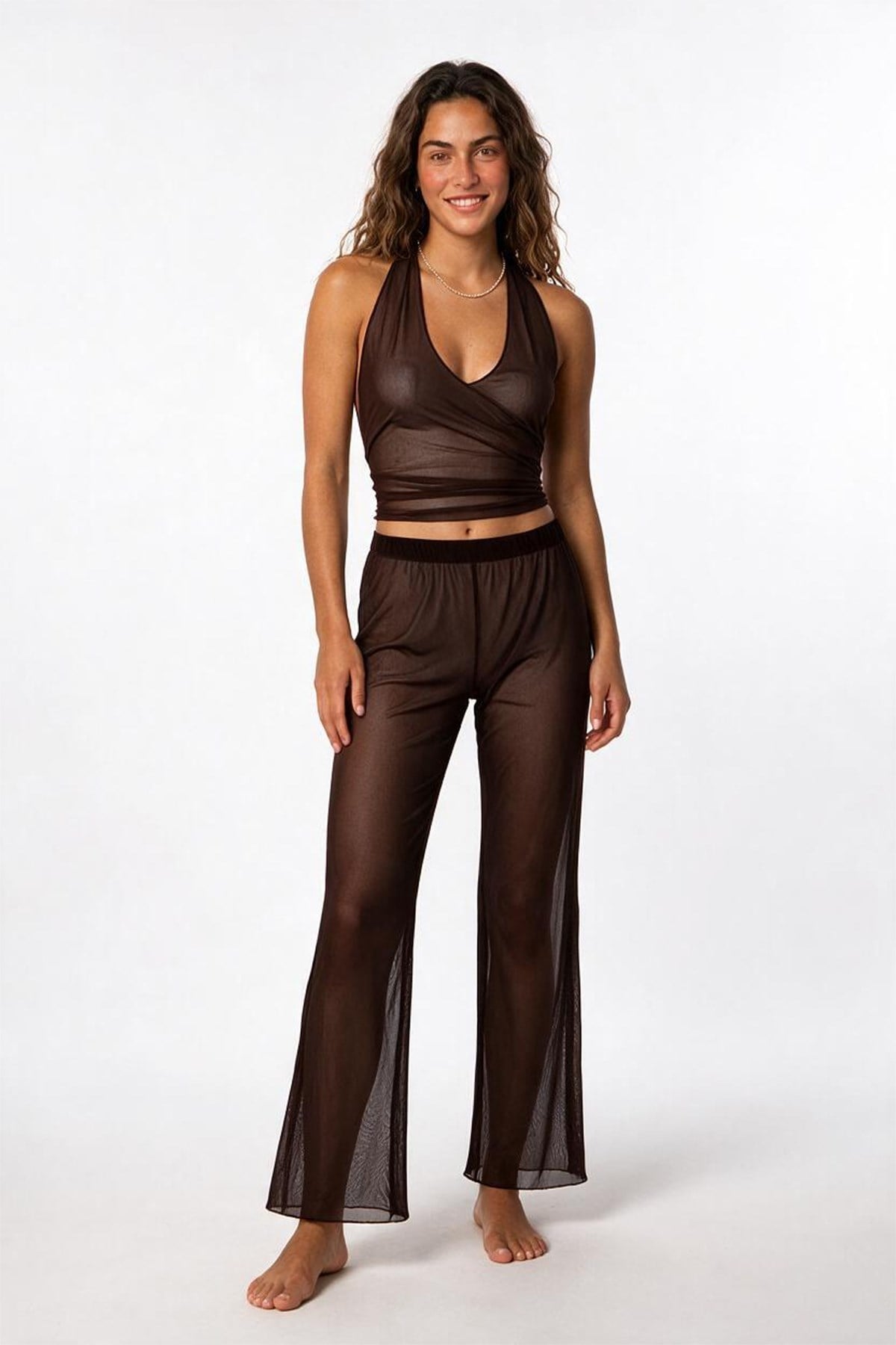 Desenli Tül Crop Top-Pantolon Takım