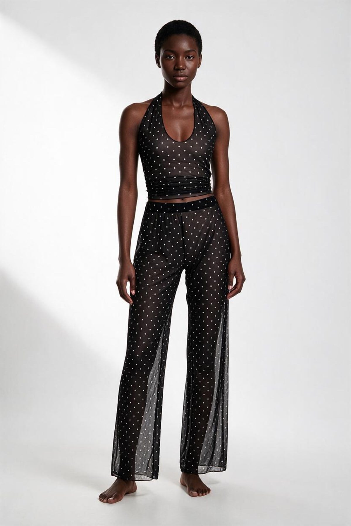 Desenli Tül Crop Top-Pantolon Takım