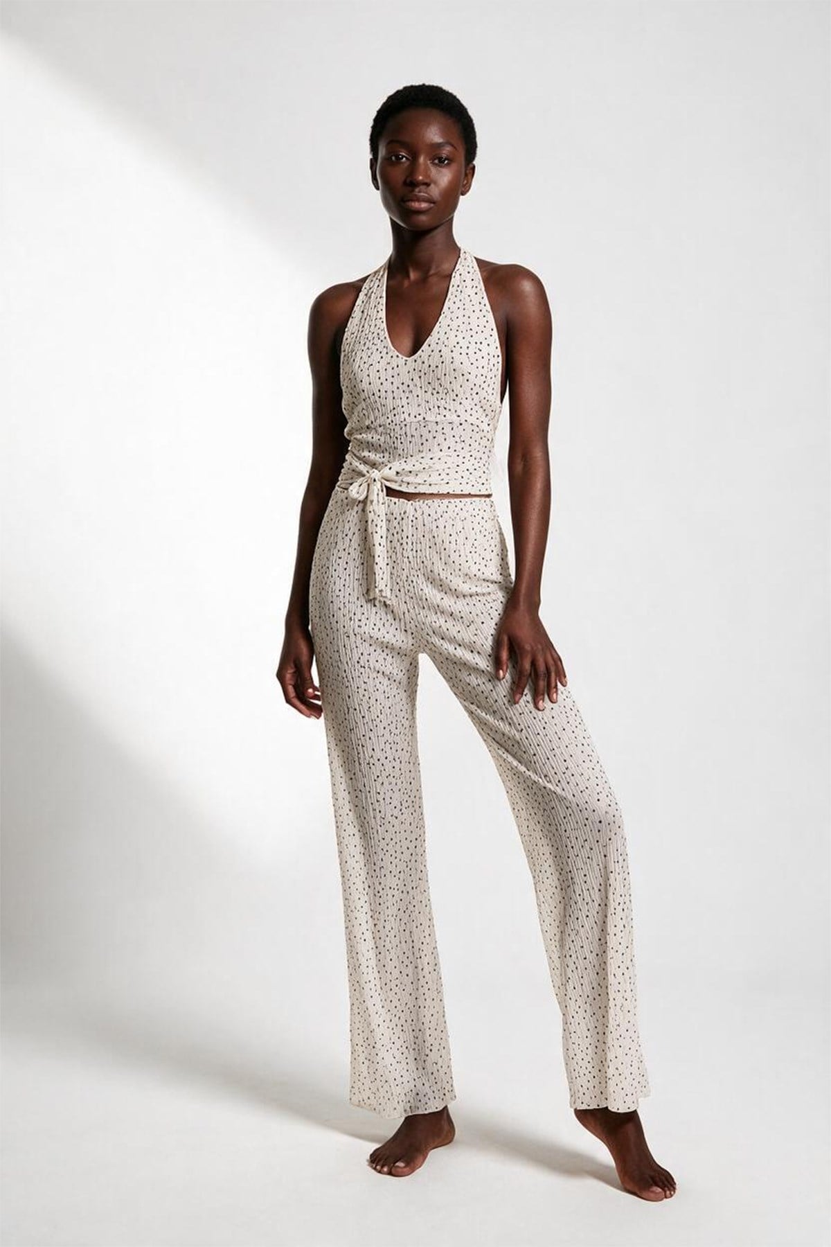 Desenli Tül Crop Top-Pantolon Takım